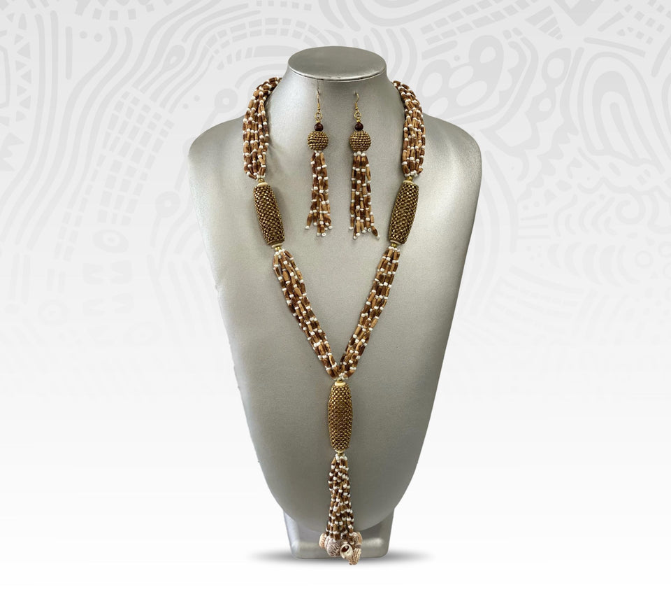 African Brown Cream Beaded Bronze Token Necklace Set