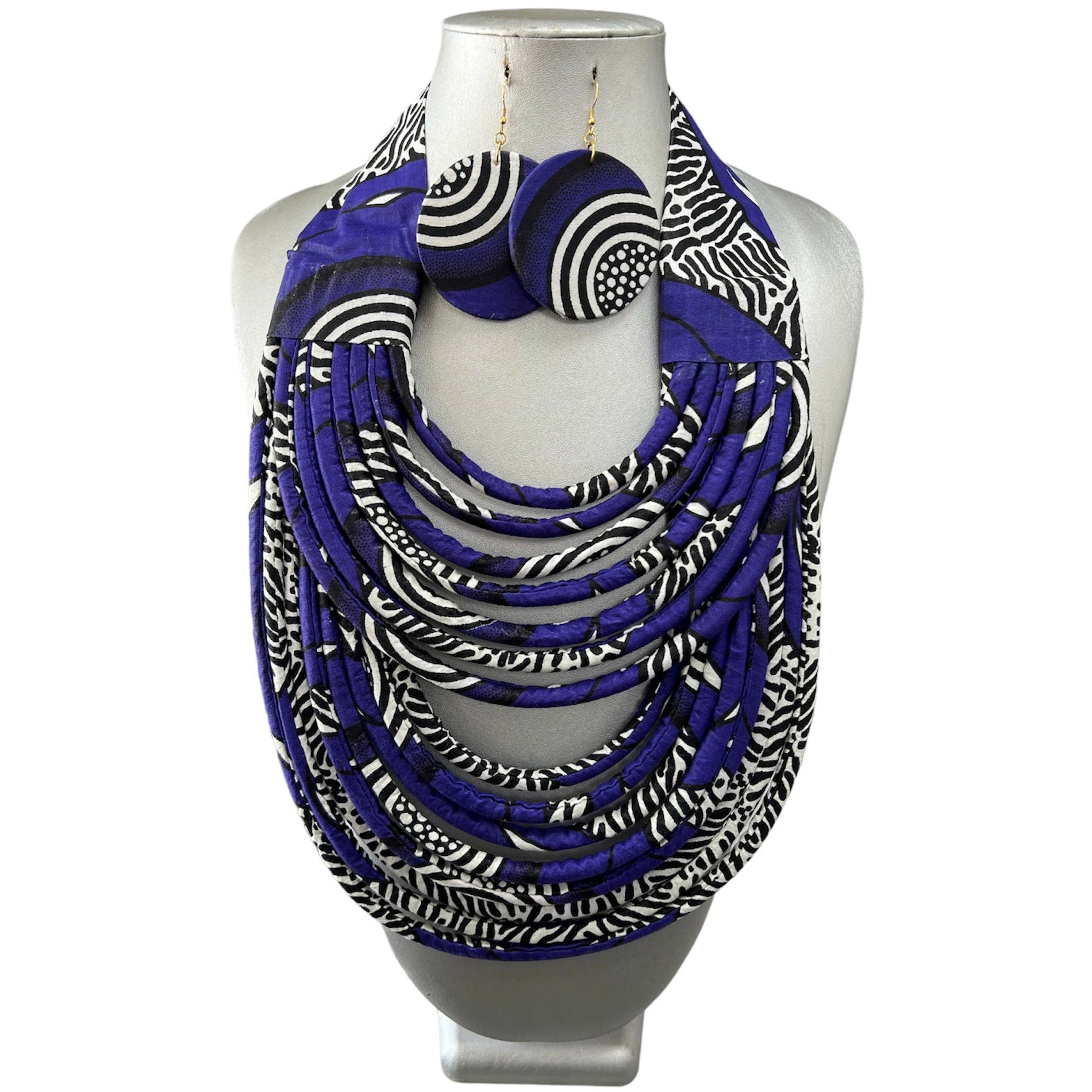 Women's African Printed Double Layer Fabric Necklace Set with