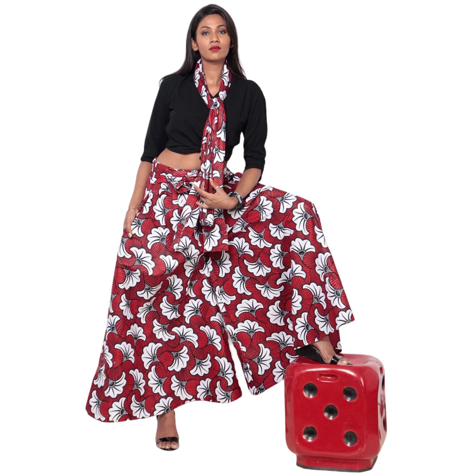 Women's African Printed Palazzo Pants with Tie Waist - Front