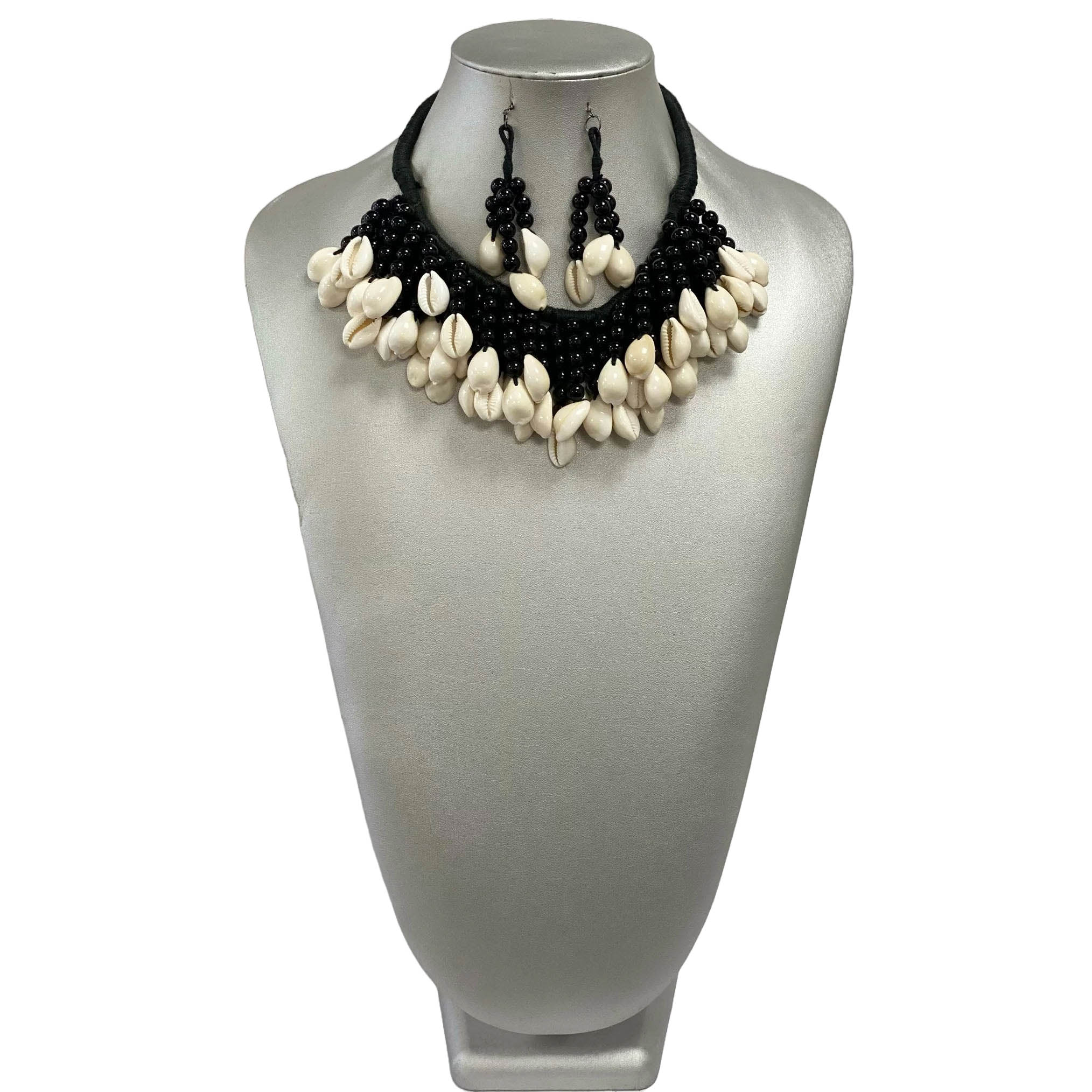 African Multi Beaded Cowrie Shell Necklace -- BLACK -- Jewelry A15