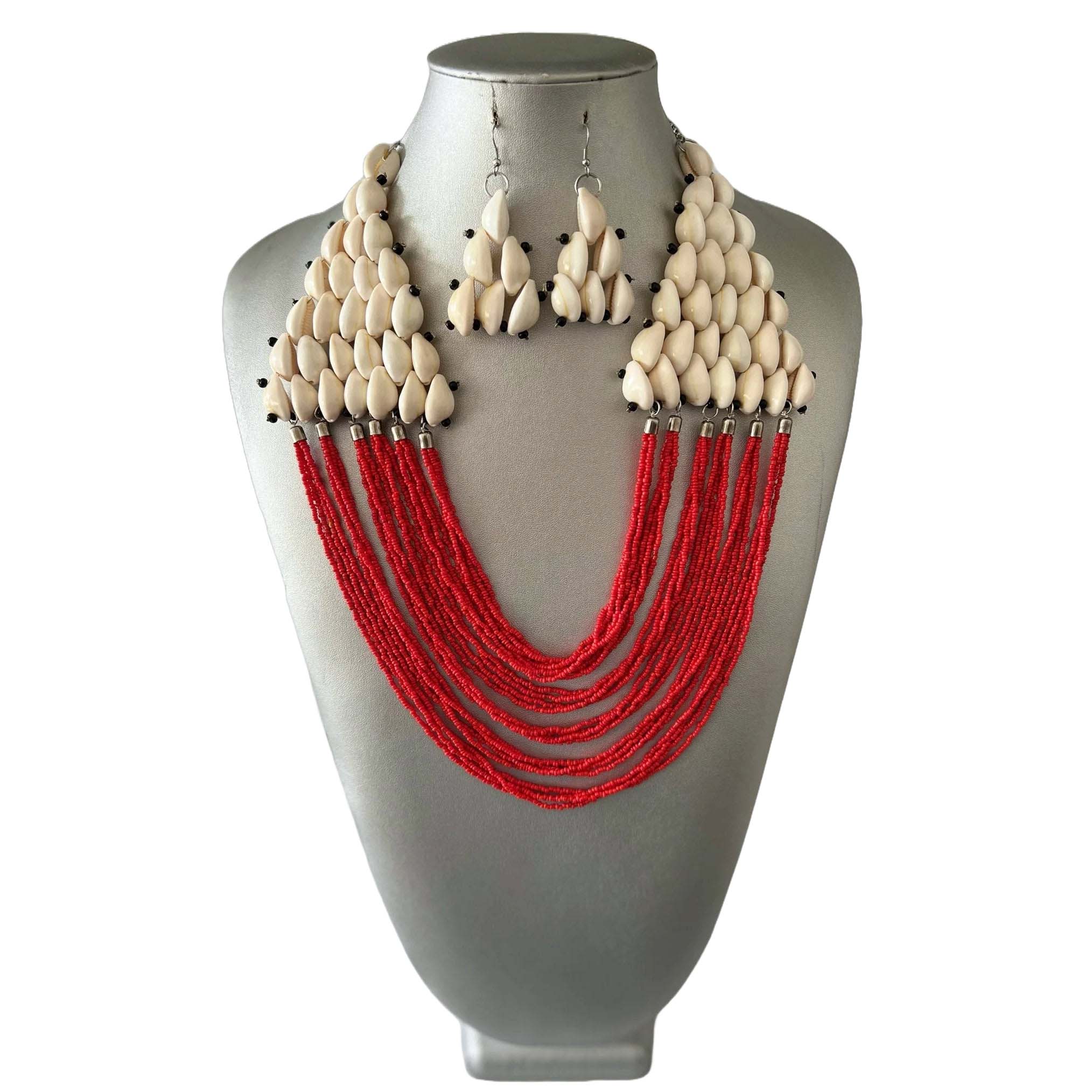 African Tribal Cowrie Shell Necklace Set with Beaded Layers