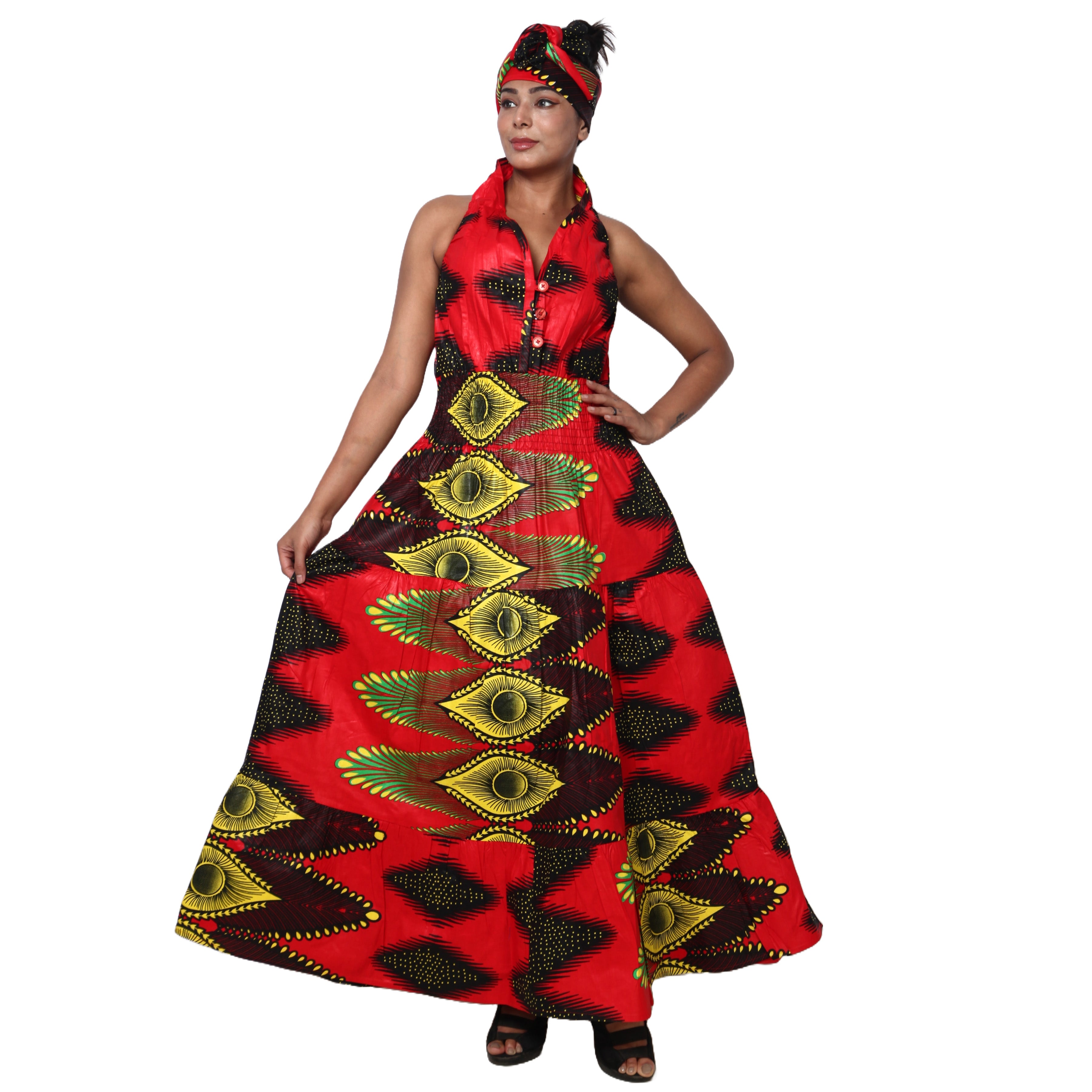Women's 3 Button Sleeveless Halter Collar Maxi Dress -- Fi-3028l Women's 3 Button Sleeveless Halter Collar Maxi Dress -- Fi-3028l