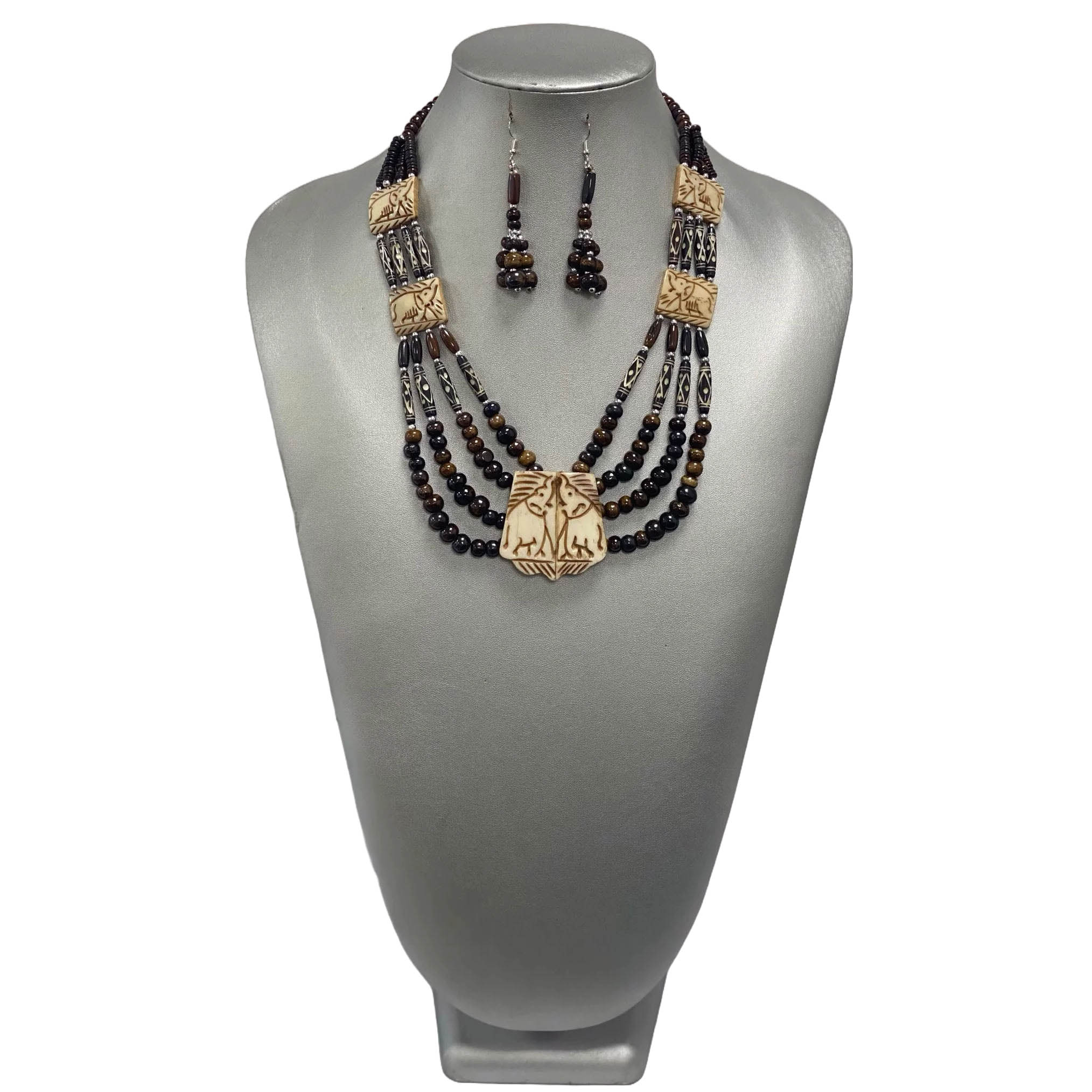 African Elephant Tribal Black Beaded Necklace Set -- Jewelry A22