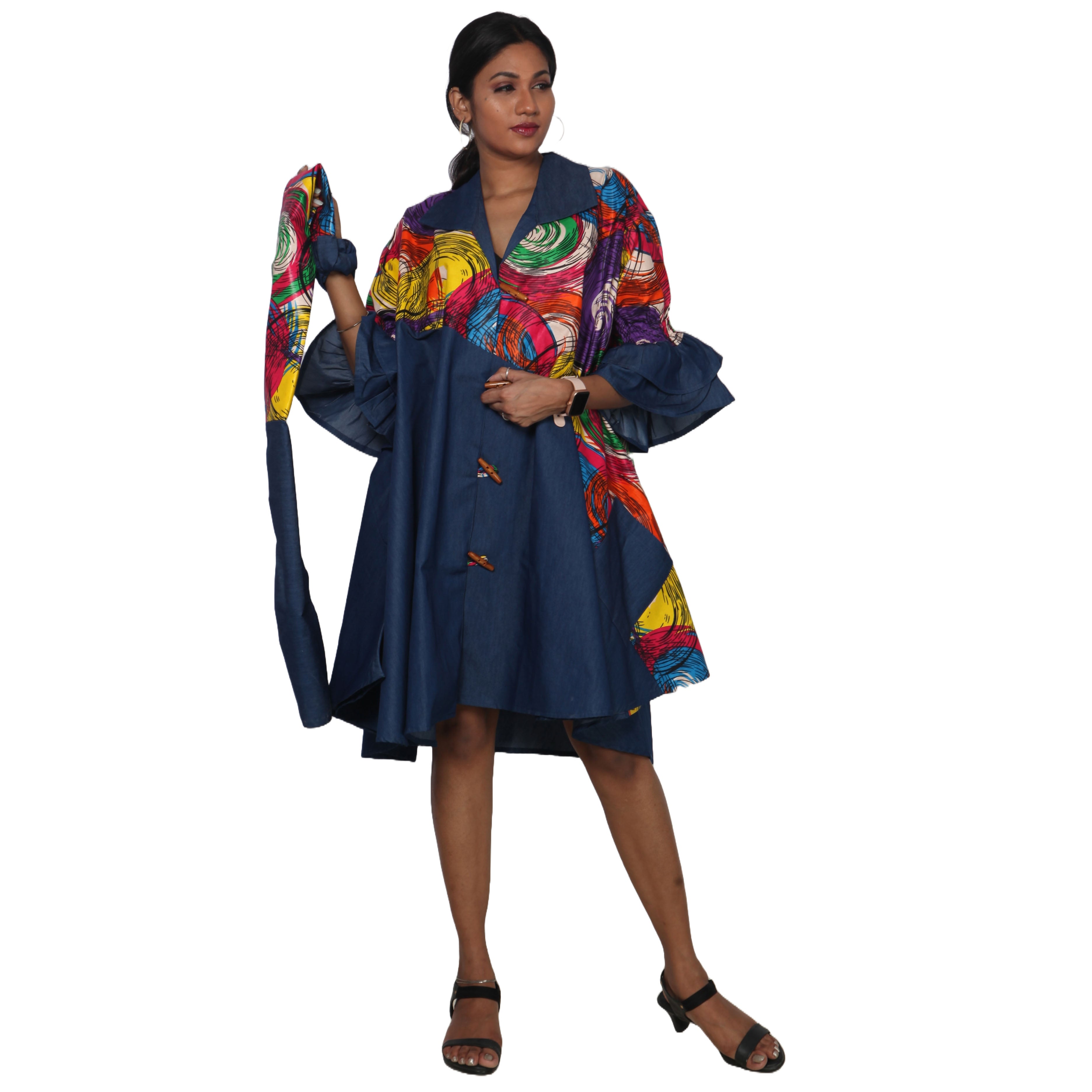 Women's Printed Denim Dress with Toggle Buttons -- Fi-3139 Women's Printed Denim Dress with Toggle Buttons -- Fi-3139