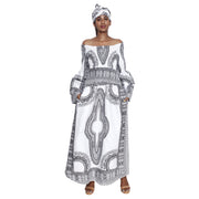African Women's Dashiki Long Sleeve Maxi Dress with Smocking - White.