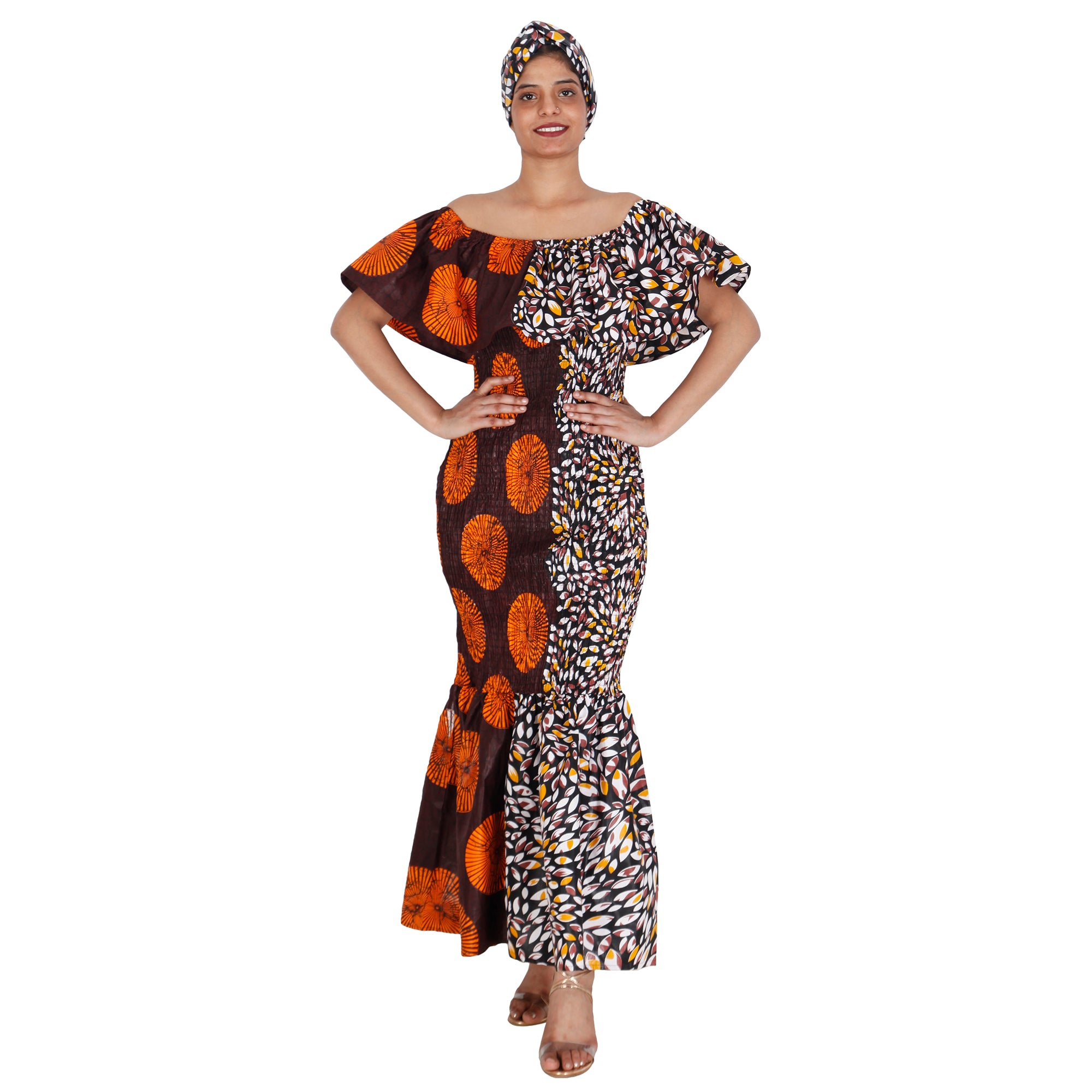 Women's Printed Smocking Off Shoulder Mermaid Dress - Fi-p50077 Women's Printed Smocking Off Shoulder Mermaid Dress - Fi-p50077