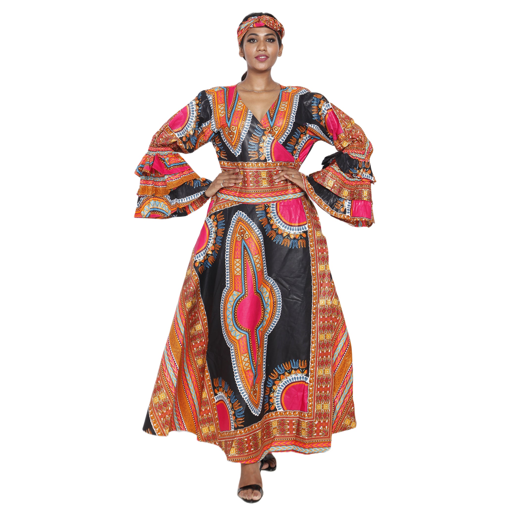 dashiki dresses for women Women's Dashiki Ruffle Sleeve Maxi Wrap Dress -- Fi-d70 Fs