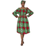 Women's African Print Off Shoulder with Cuff Sleeve Midi Dress -- FI-50076