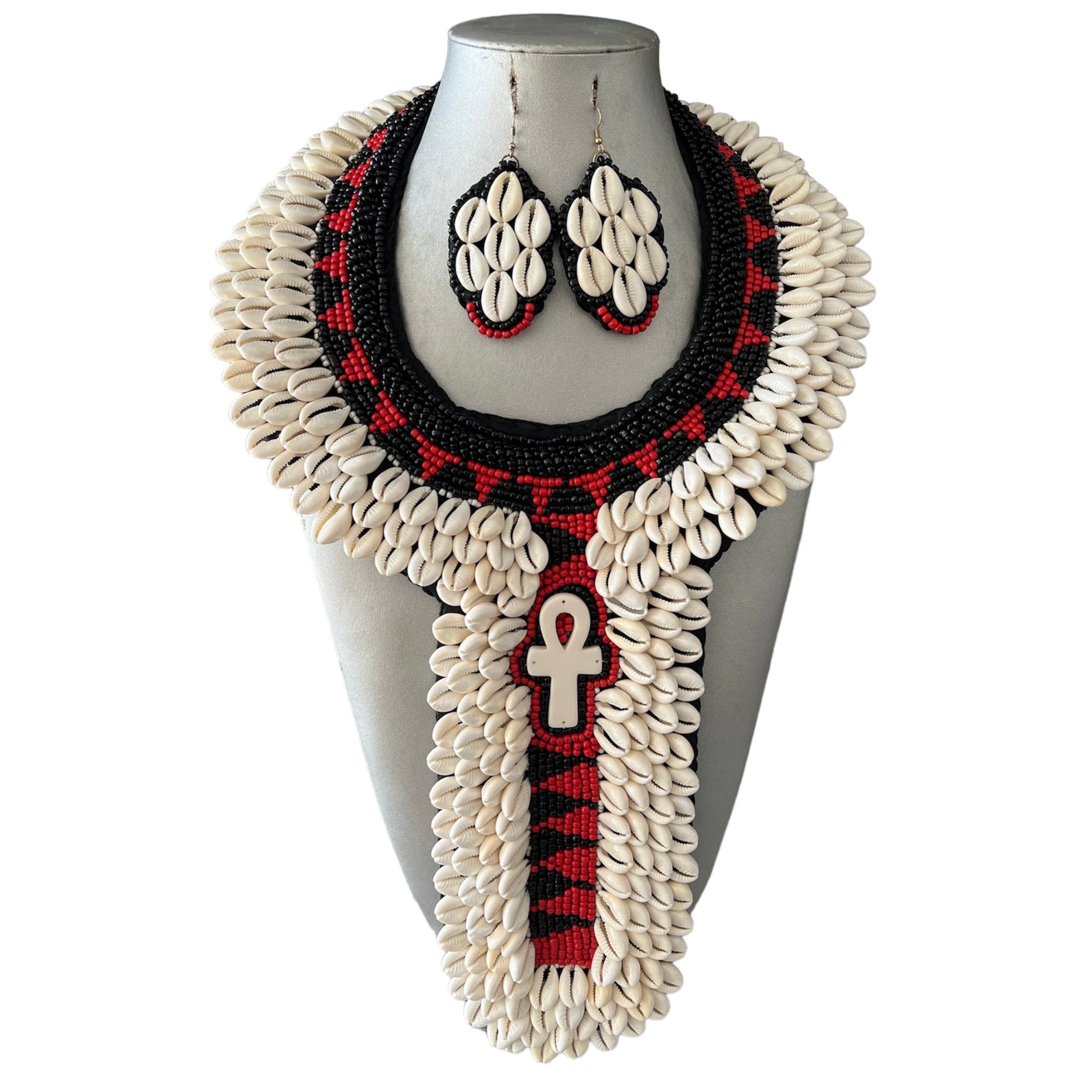Women's African Cowrie Shell Red Tribal Necklace Set