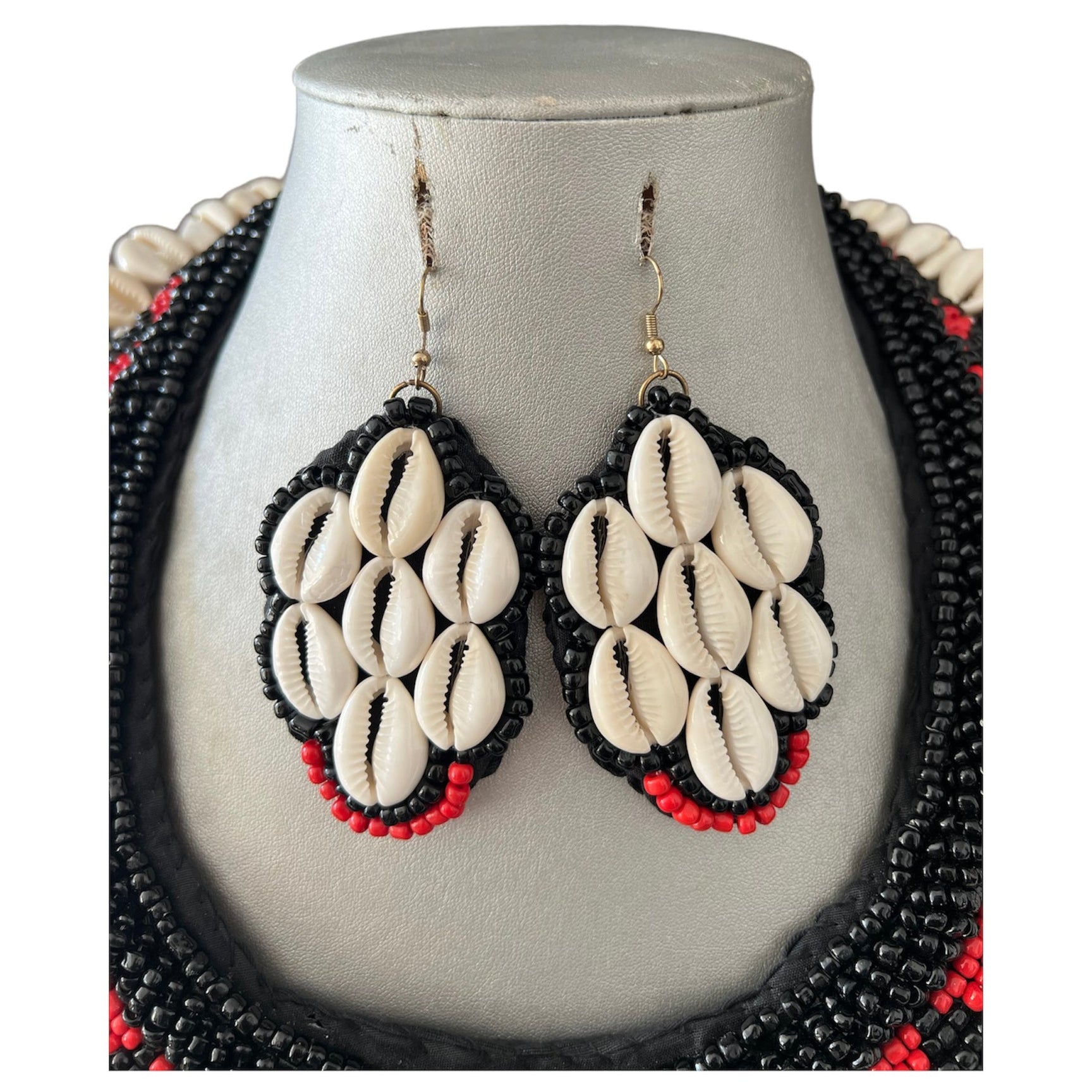 Women's African Cowrie Shell Red Tribal Necklace Set -- Jewelry 50