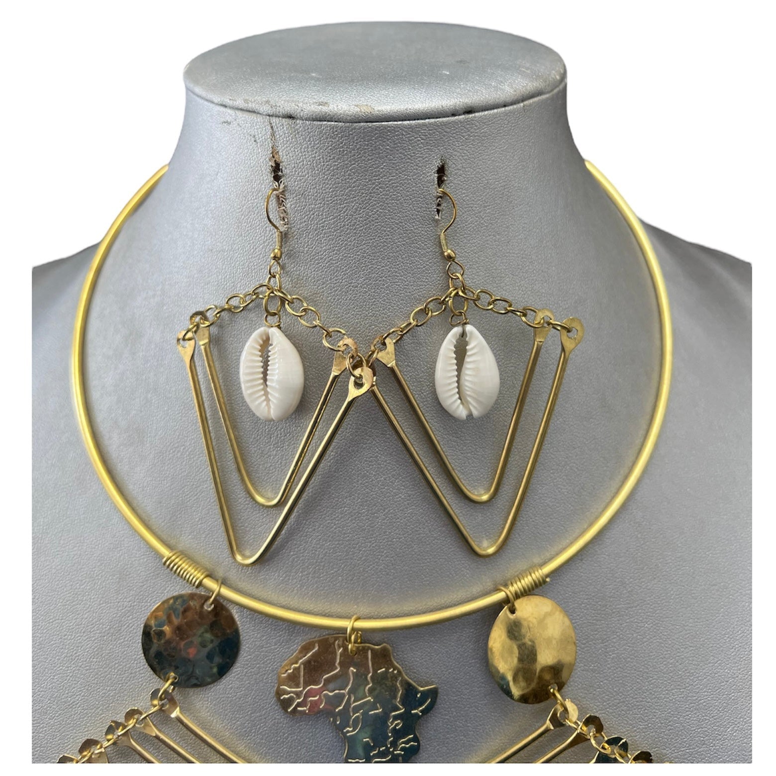Women's Gold Metal Necklace Set with Africa Map and Cowrie Shells -- Jewelry 57