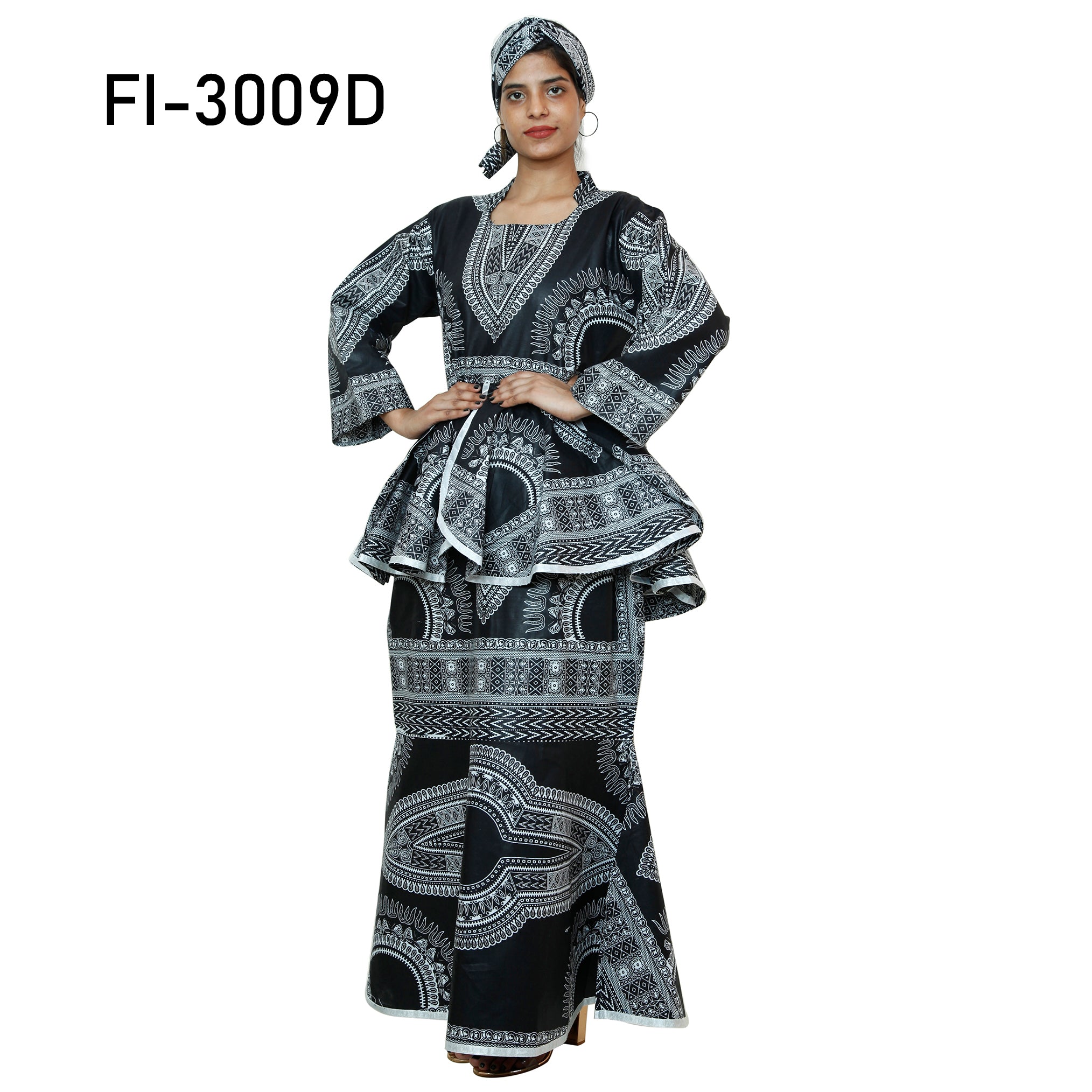 African Women's Dashiki Long Sleeve Peplum Skirt Set -- FI-3009D