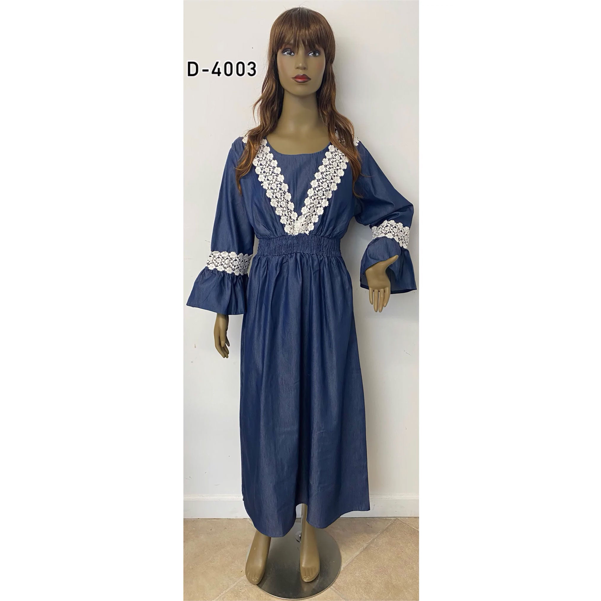 Women's African White Embroidered Denim Maxi Dress