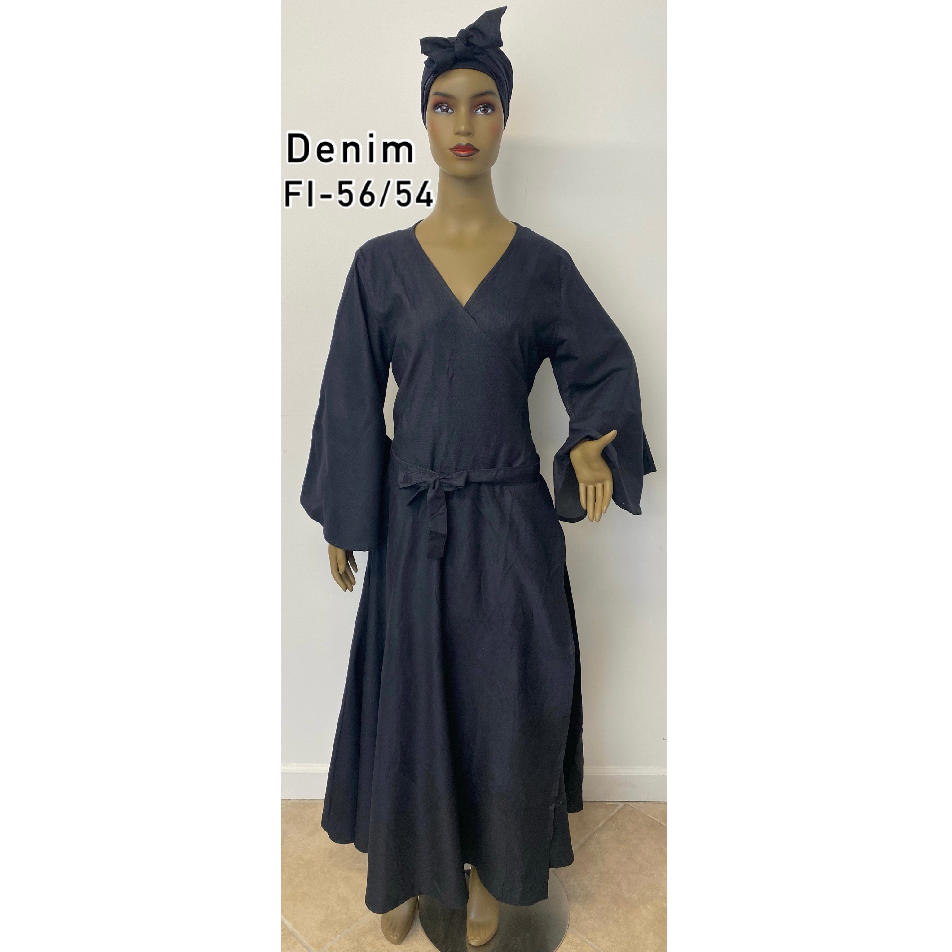 Women's African Long Sleeve Solid Denim Wrap Maxi Dress A Women's African Long Sleeve Solid Denim Wrap Maxi Dress A