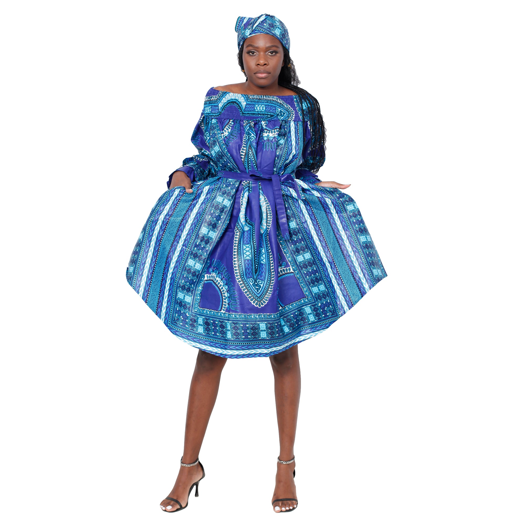 Women's Dashiki Off Shoulder Short Dress with Ruffle Sleeves -- Fi-D3006d Women's Dashiki Off Shoulder Short Dress with Ruffle Sleeves -- Fi-D3006d