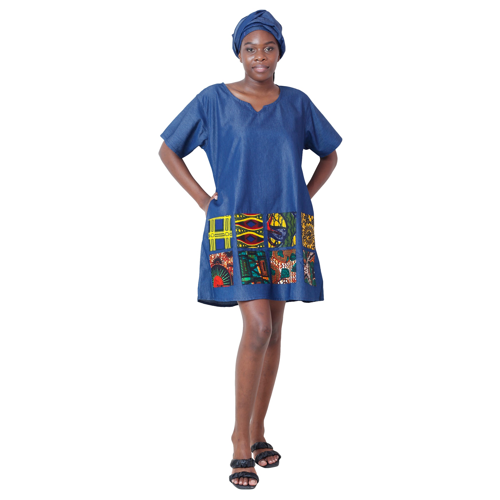 Women's African Printed Patchwork Denim Short Dress Women's African Printed Patchwork Denim Short Dress
