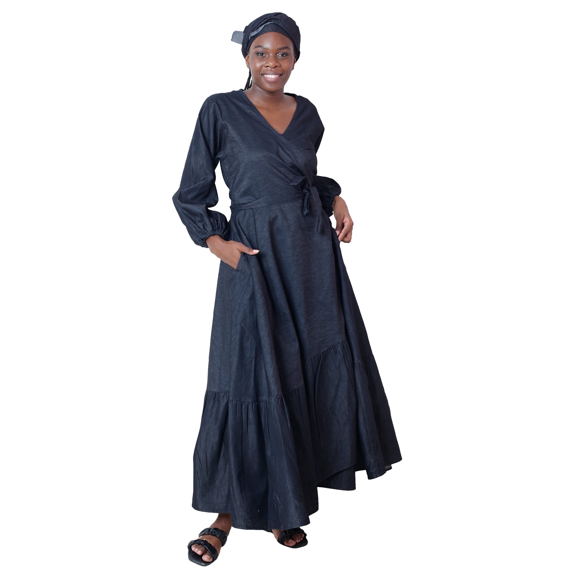 Women s Denim Long Sleeve Maxi Wrap Dress FI 6204D African Stars