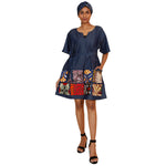 Women's Denim Short Sleeve Patchwork Dress - FI-2072-Navy