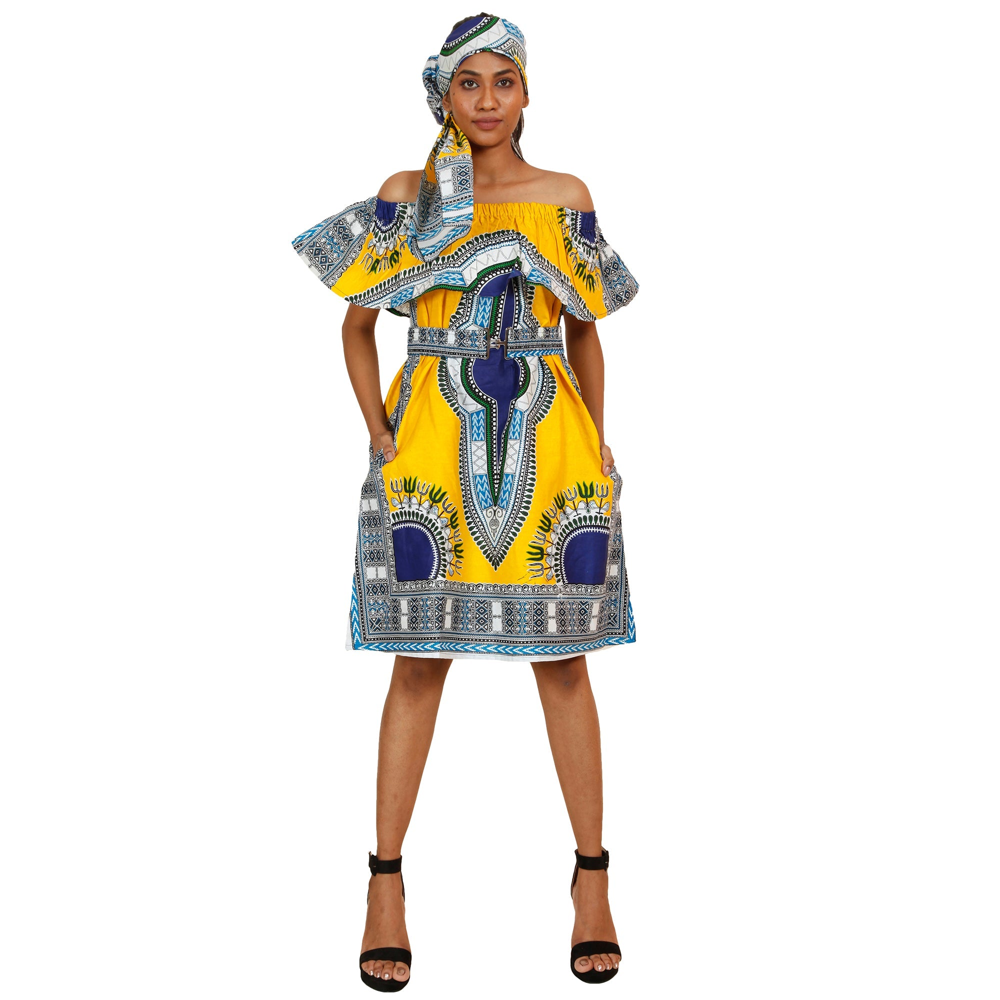 Women's Dashiki Off Shoulder Short Dress with Belt - FI-D3015