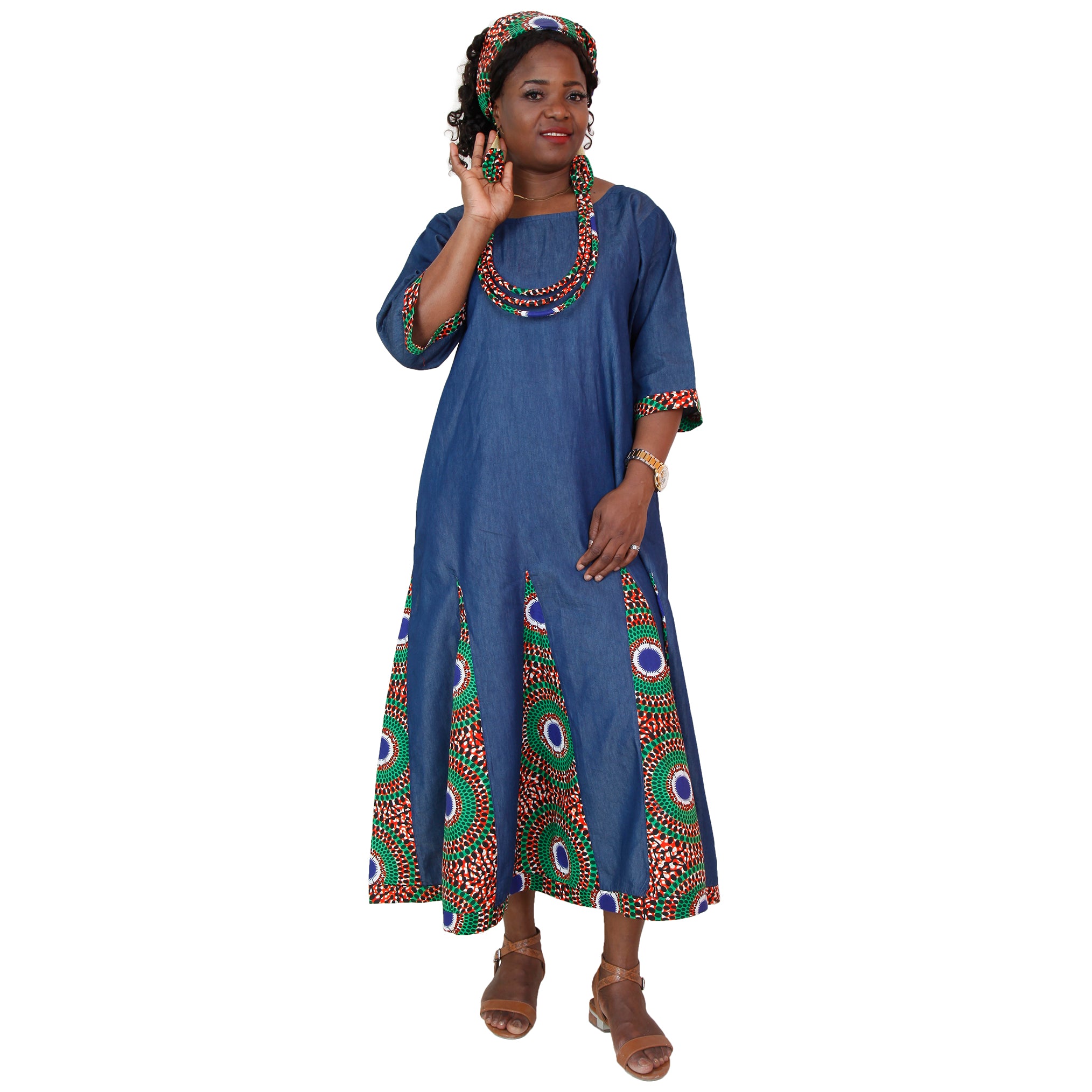 Women's Printed Denim Dress with Matching Jewelry Set A -- Red/Green/Blue Women's Printed Denim Dress with Matching Jewelry Set A -- Red/Green/Blue
