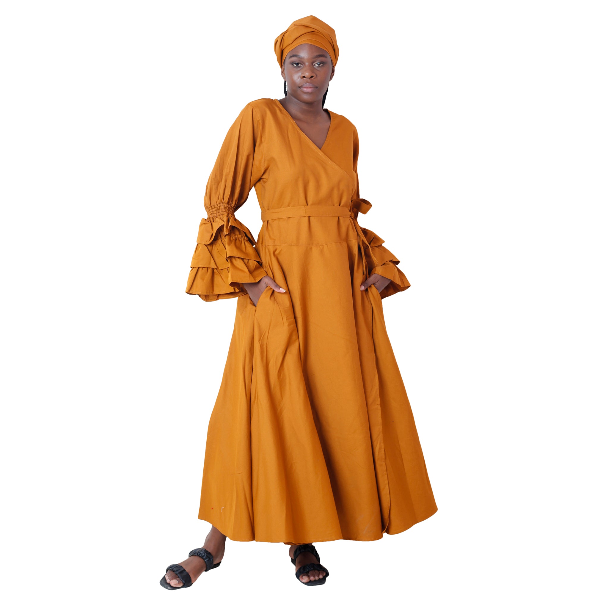 Women's Denim Ruffle Sleeve Wrap Dress -- FI-DN70 FS