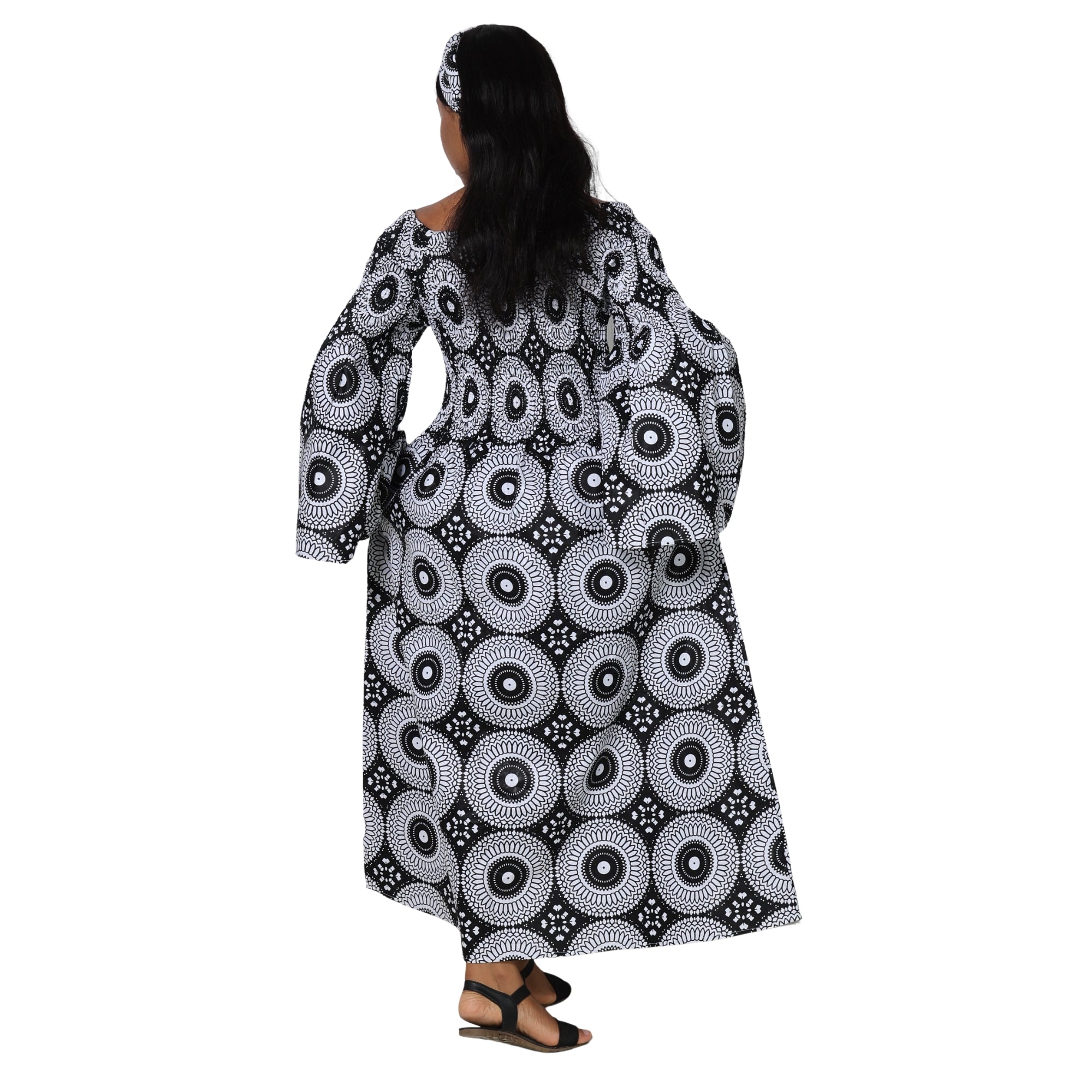 Women's Long Sleeve Smocking Maxi Dress with Bell Sleeves -- FI-50072