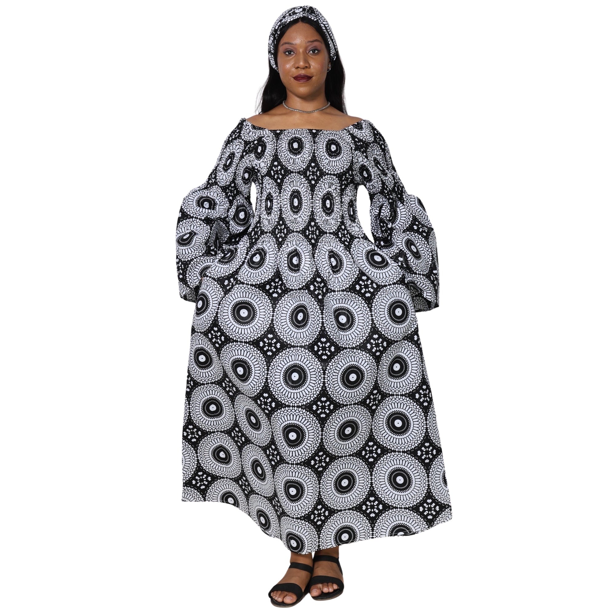 Women's Long Sleeve Smocking Maxi Dress with Bell Sleeves -- FI-50072