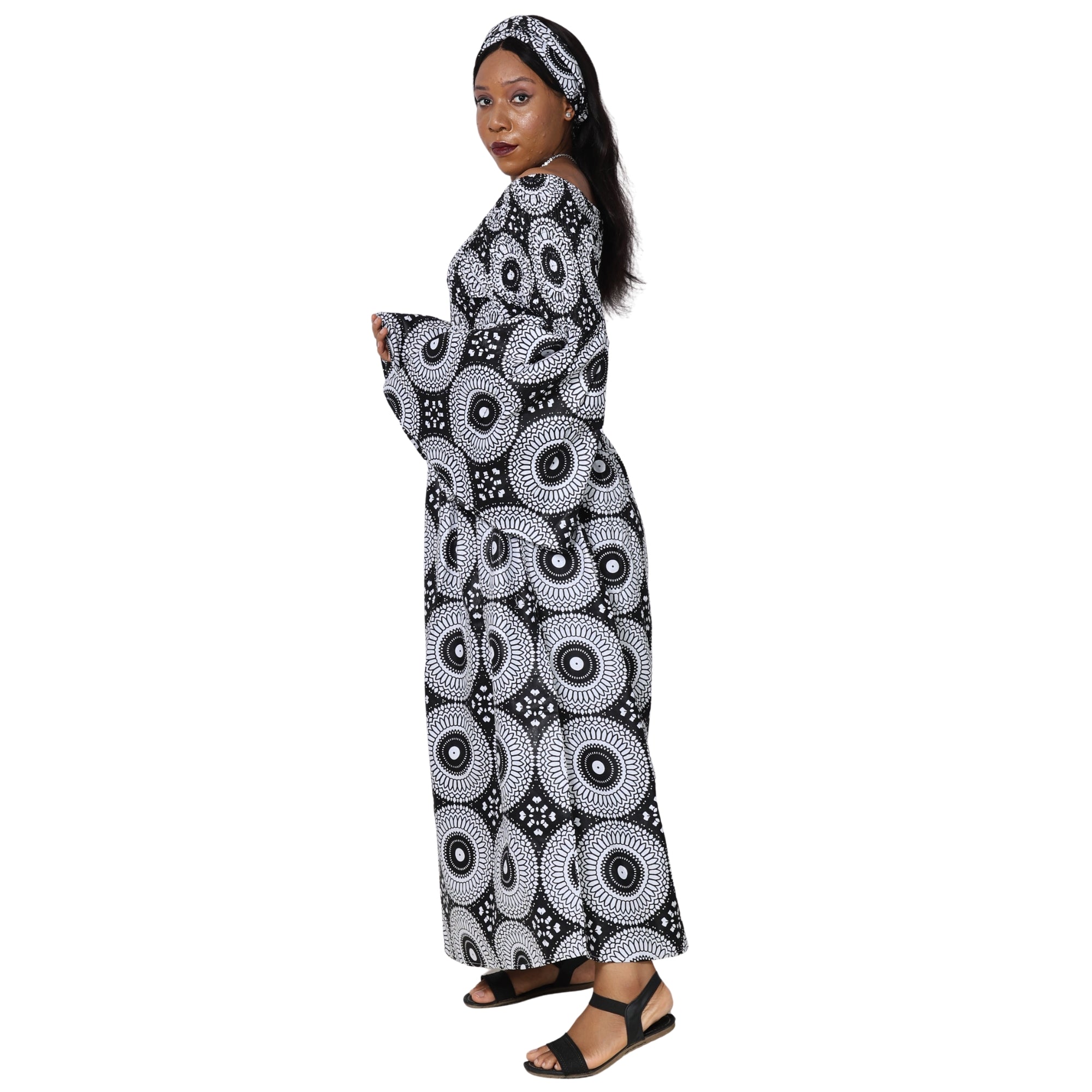 Women's Long Sleeve Smocking Maxi Dress with Bell Sleeves -- FI-50072