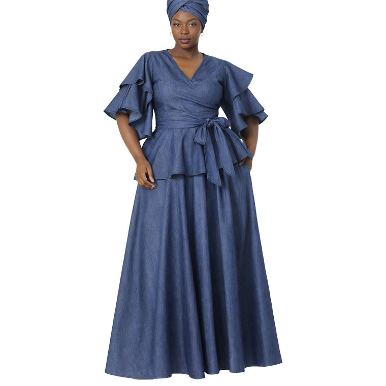 Women's Denim Peplum Wrap Blouse with Maxi Skirt Set -- FI-3052D and FI-32D