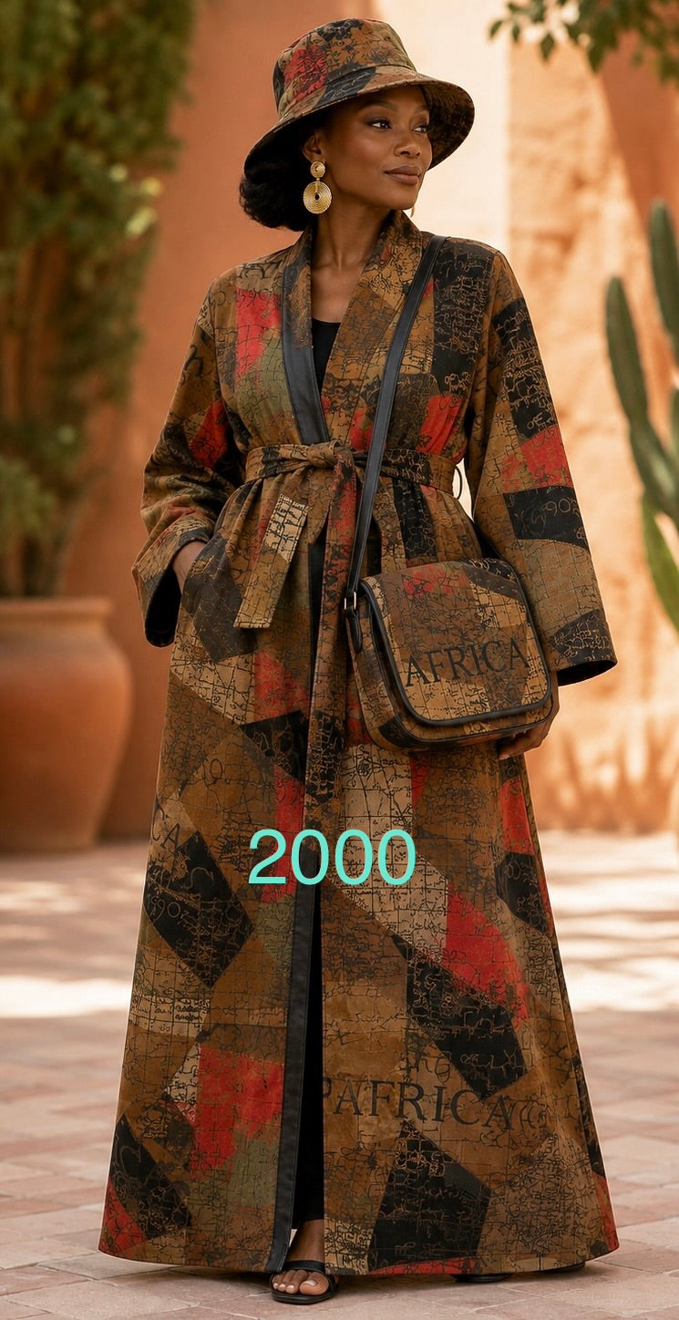 African Suede Robe Jacket with Matching Purse and Hat -- 2000