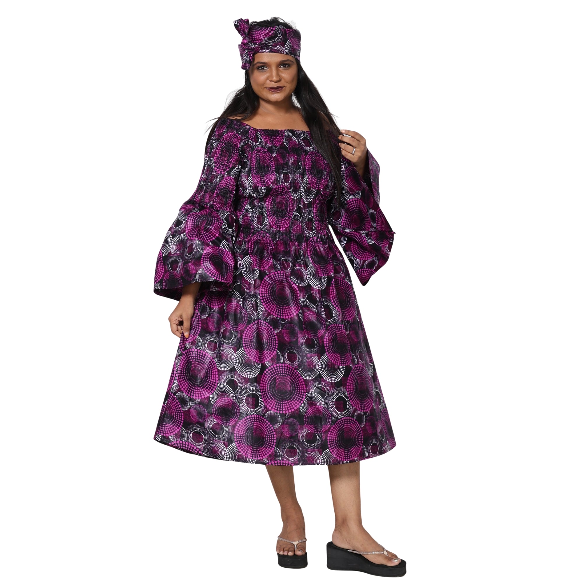Women's Long Sleeve Smocking Short Dress with Bell Sleeves -- FI-50073