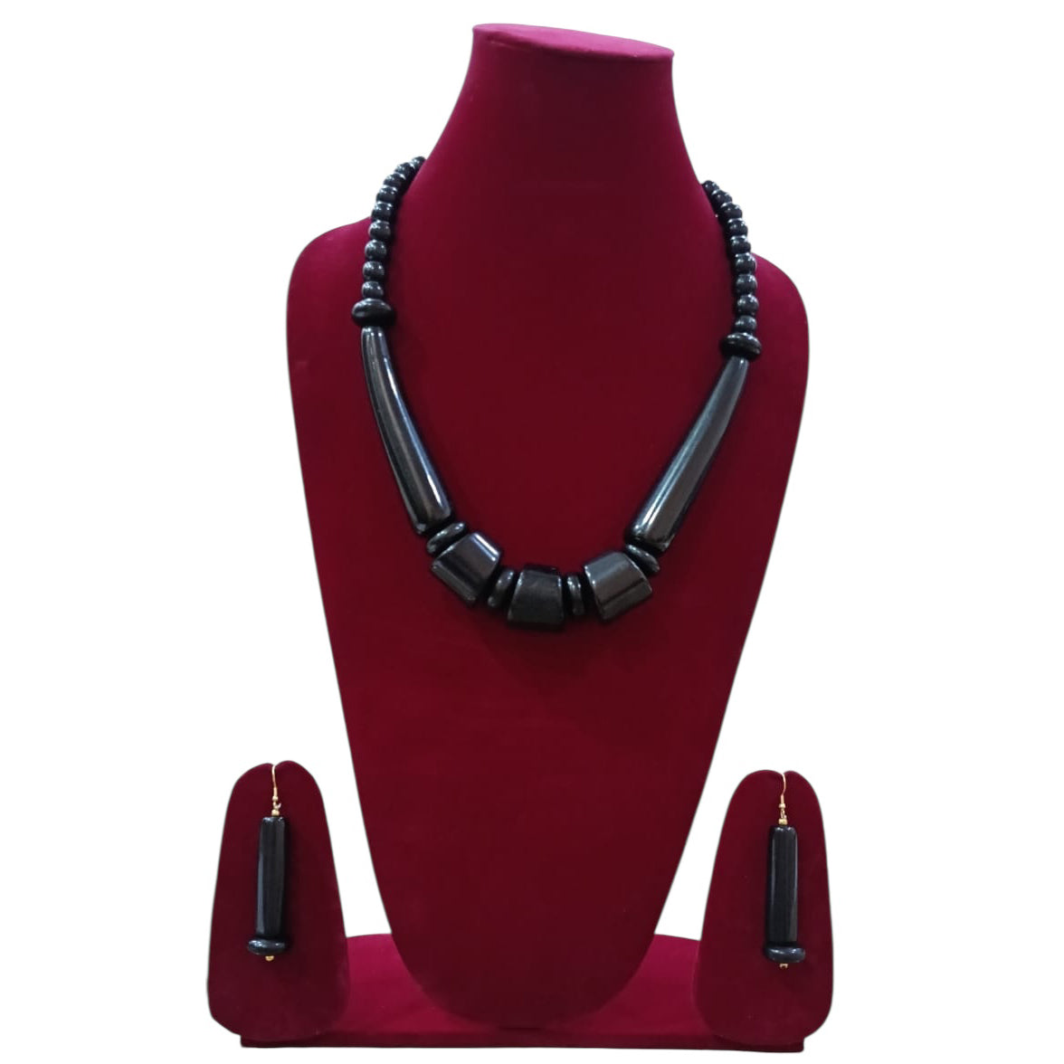 Women's Wooden Beaded Necklace Set with Drop Earrings