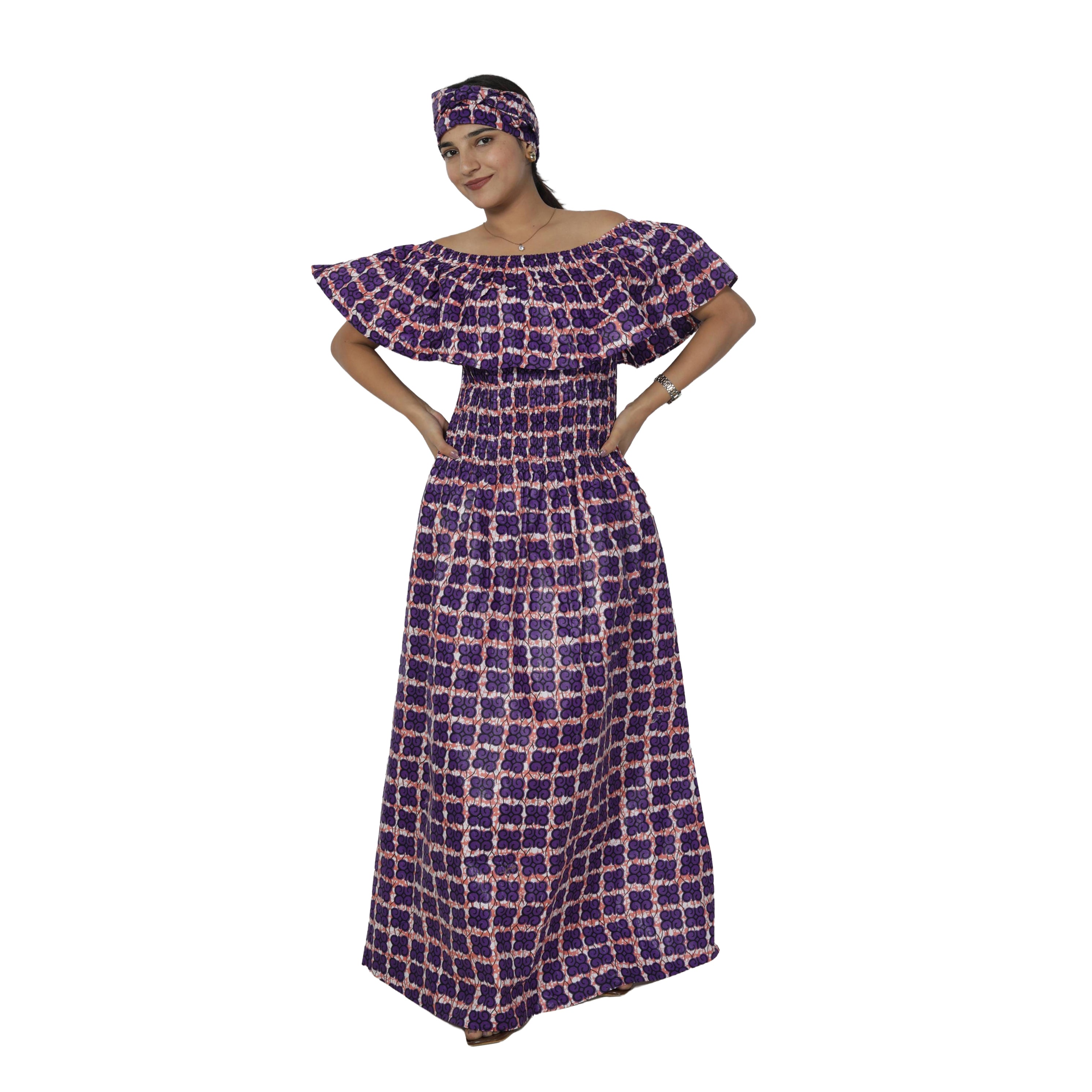 Women's Off Shoulder Smocking Maxi Dress -- FI-3014