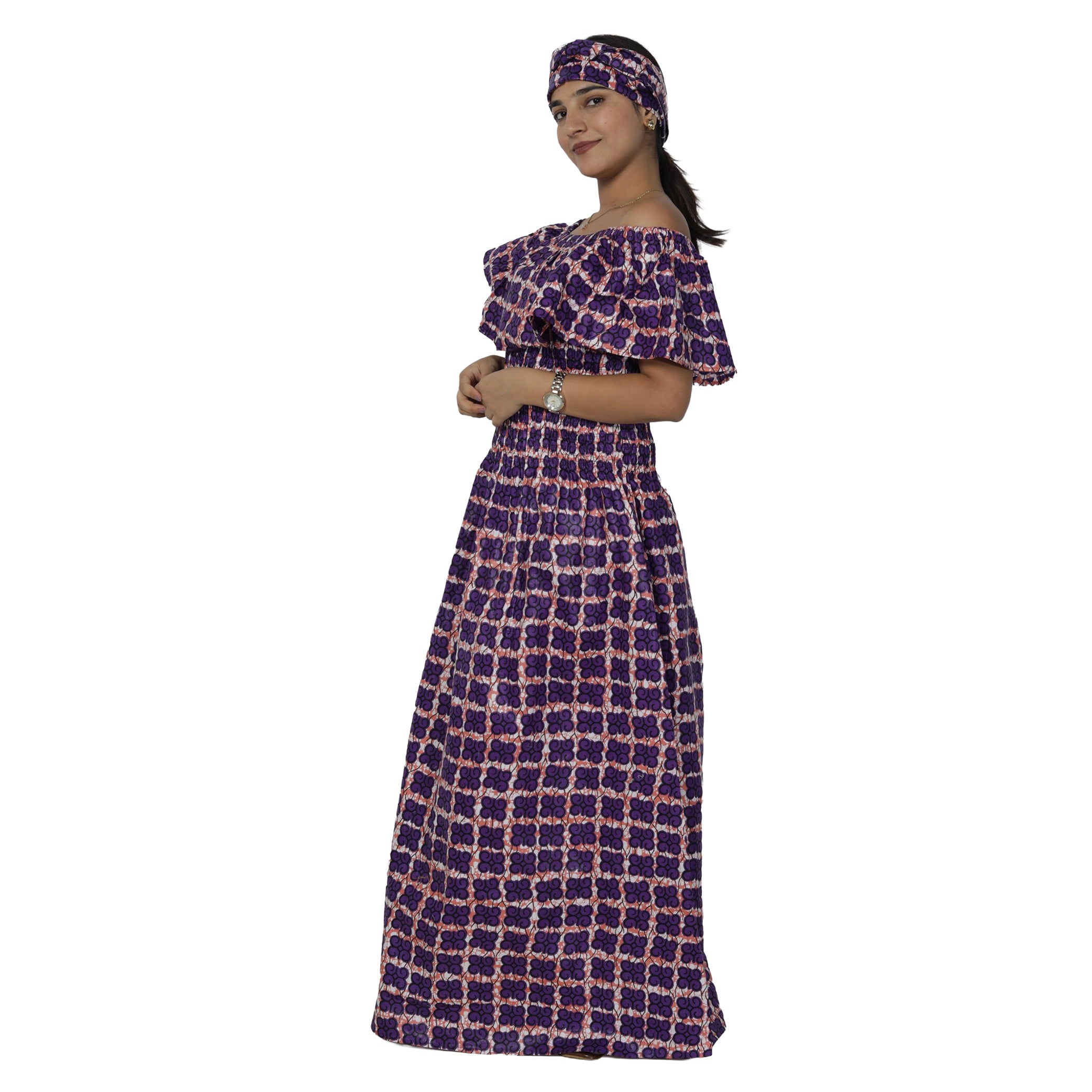 Women's Off Shoulder Smocking Maxi Dress -- FI-3014