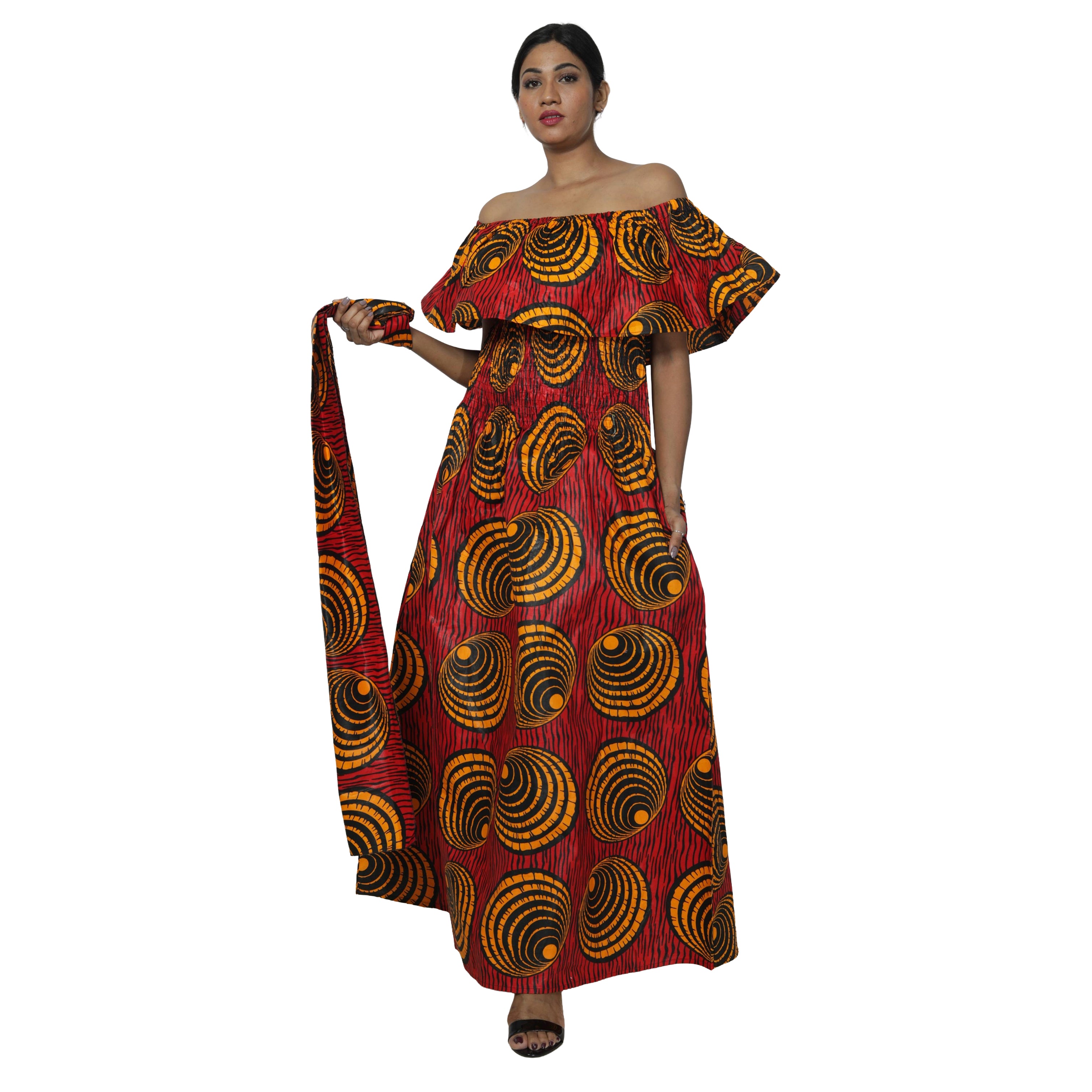 Women's Off Shoulder Smocking Maxi Dress -- FI-3014