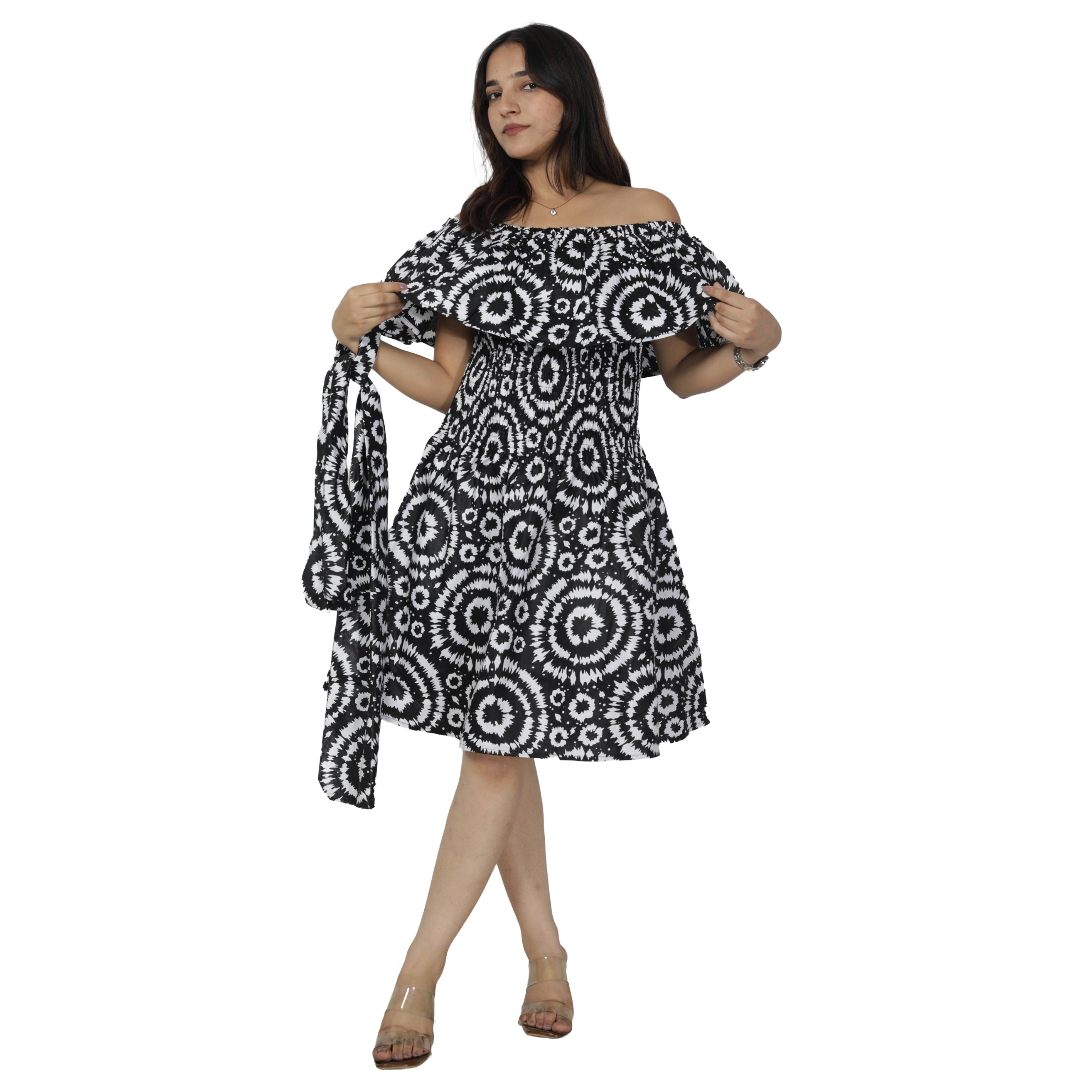 Women's Off Shoulder Smocking Mini Dress -- FI-3014 mini