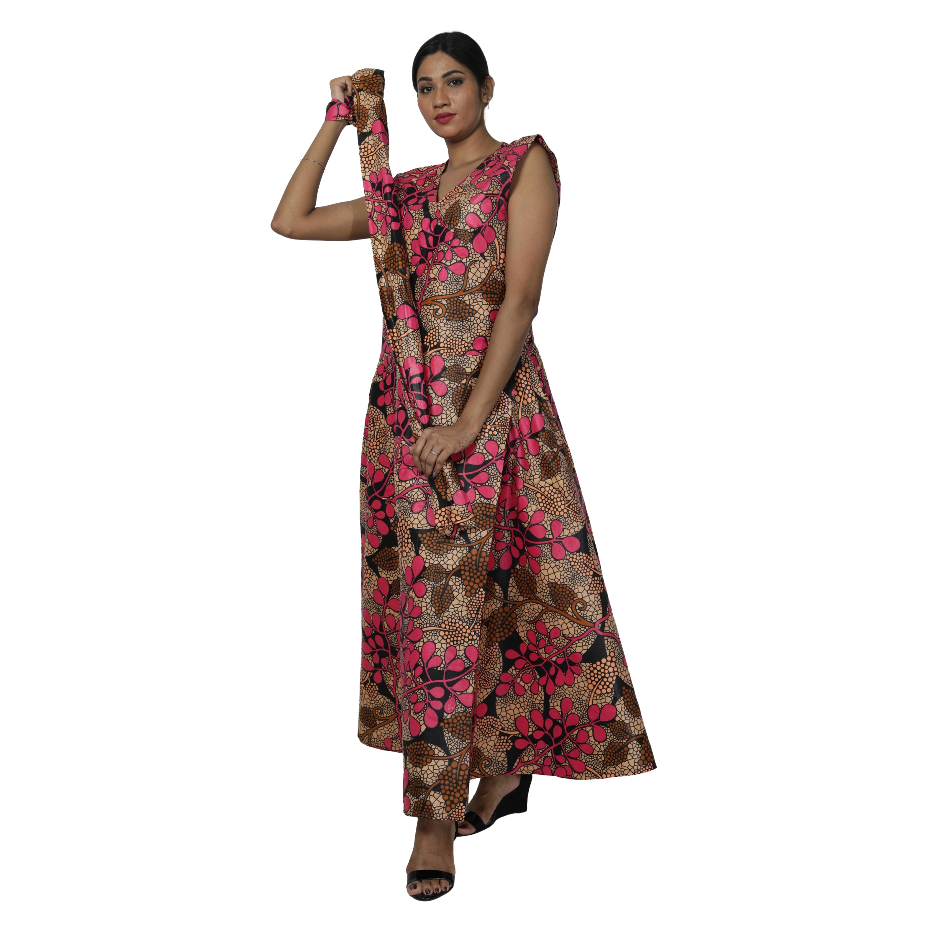 Women's V-Neck Cut Sleeves Maxi Dress -- FI-55 C/S