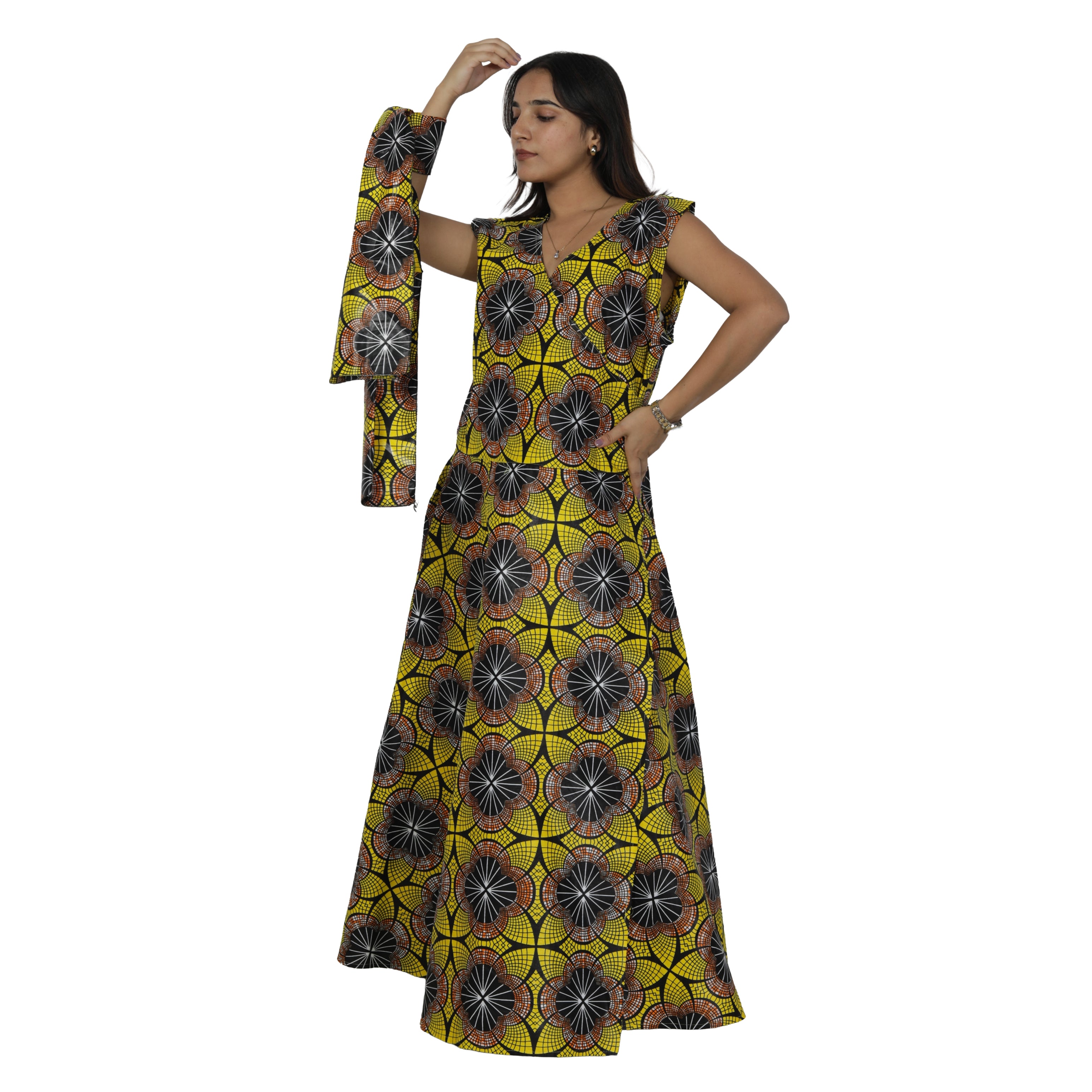 Women's V-Neck Cut Sleeves Maxi Dress -- FI-55 C/S