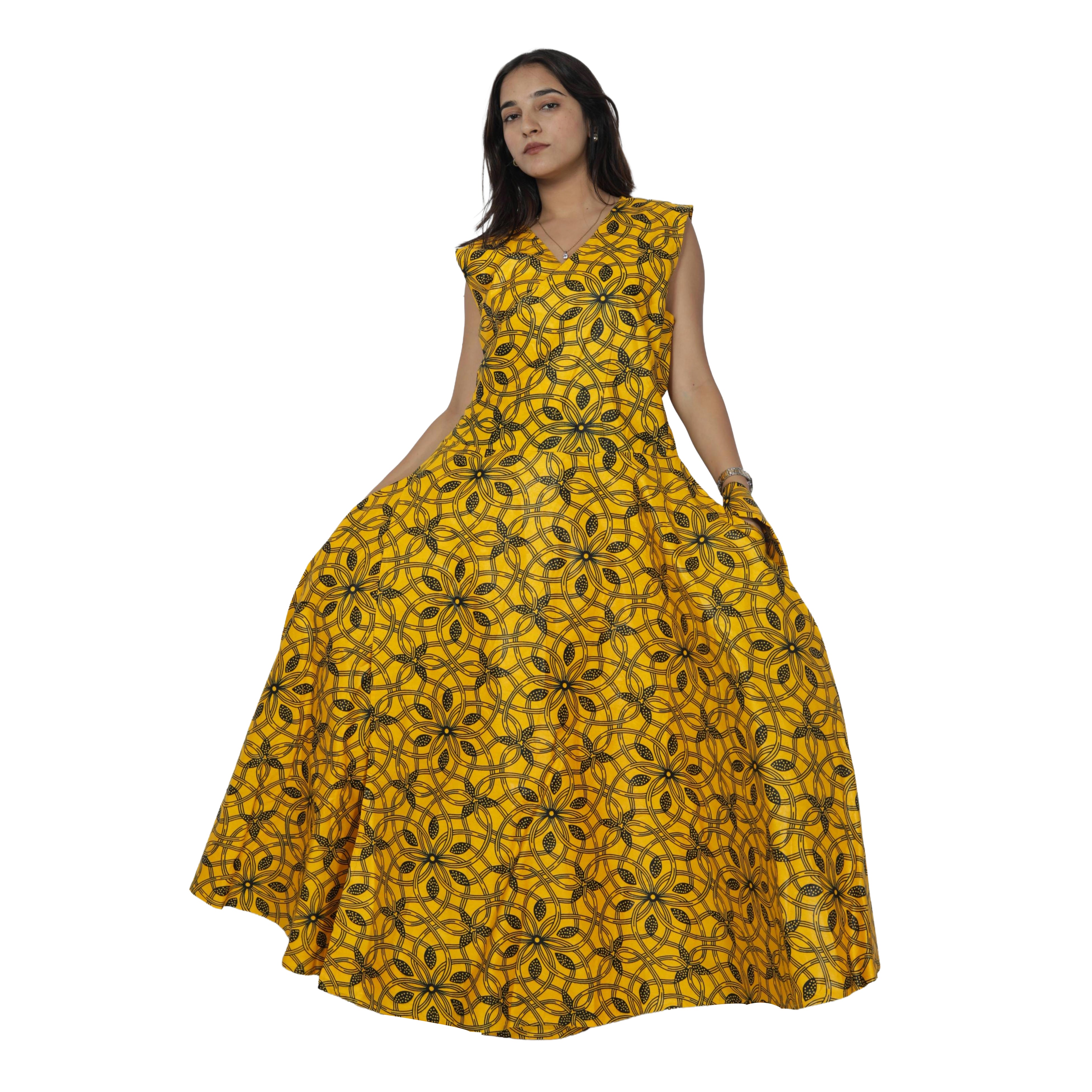 Women's V-Neck Cut Sleeves Maxi Dress -- FI-55 C/S