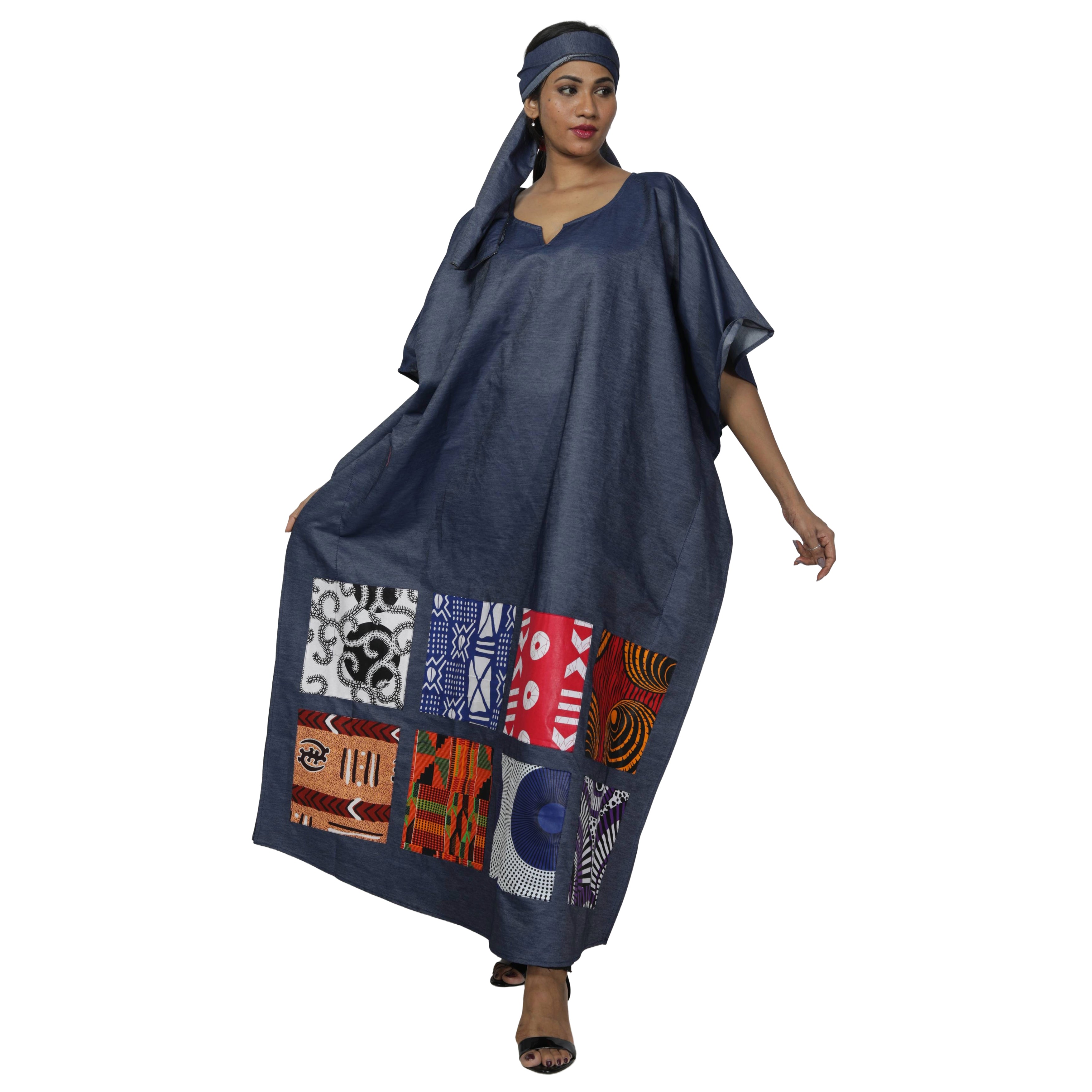 Women's Denim Maxi Patchwork Dress -- FI-D9014