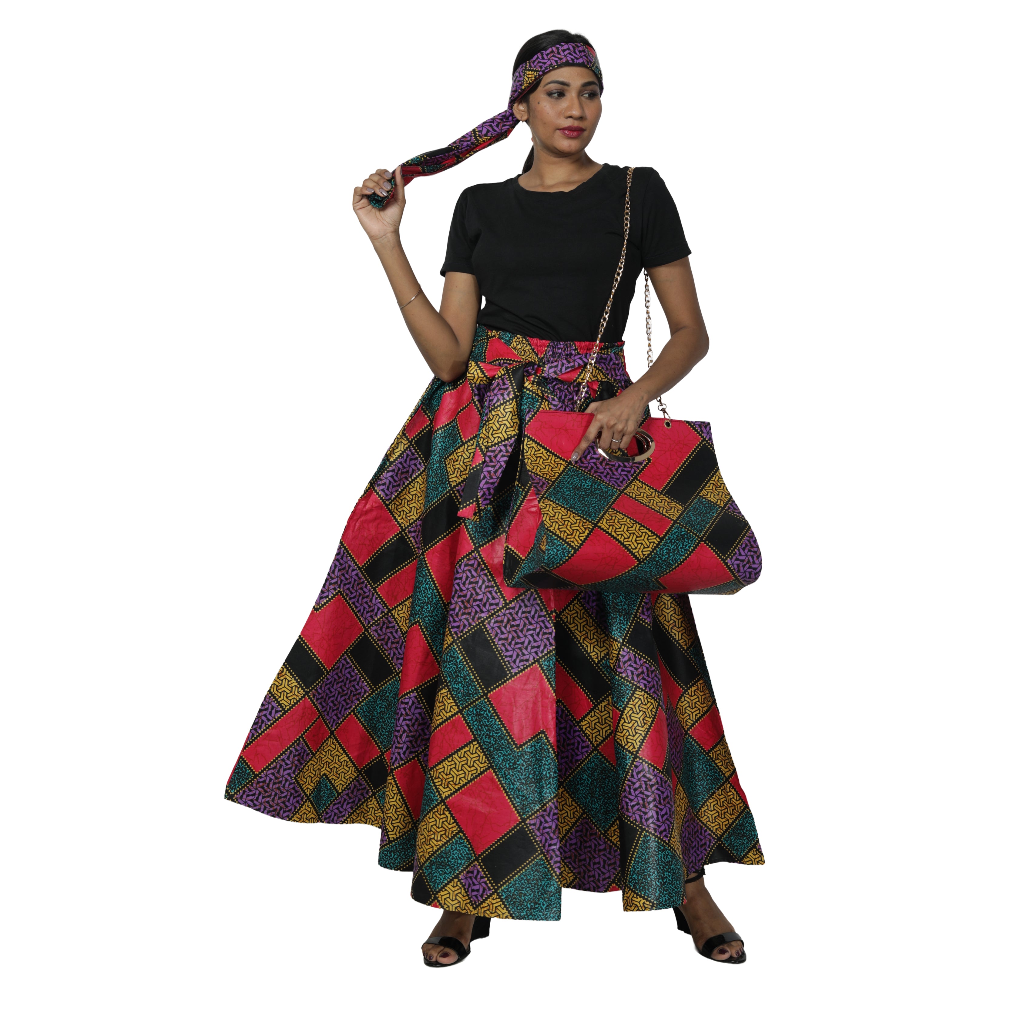 Women's Printed Tie Waist Maxi Skirt with Handbag - FI-32P