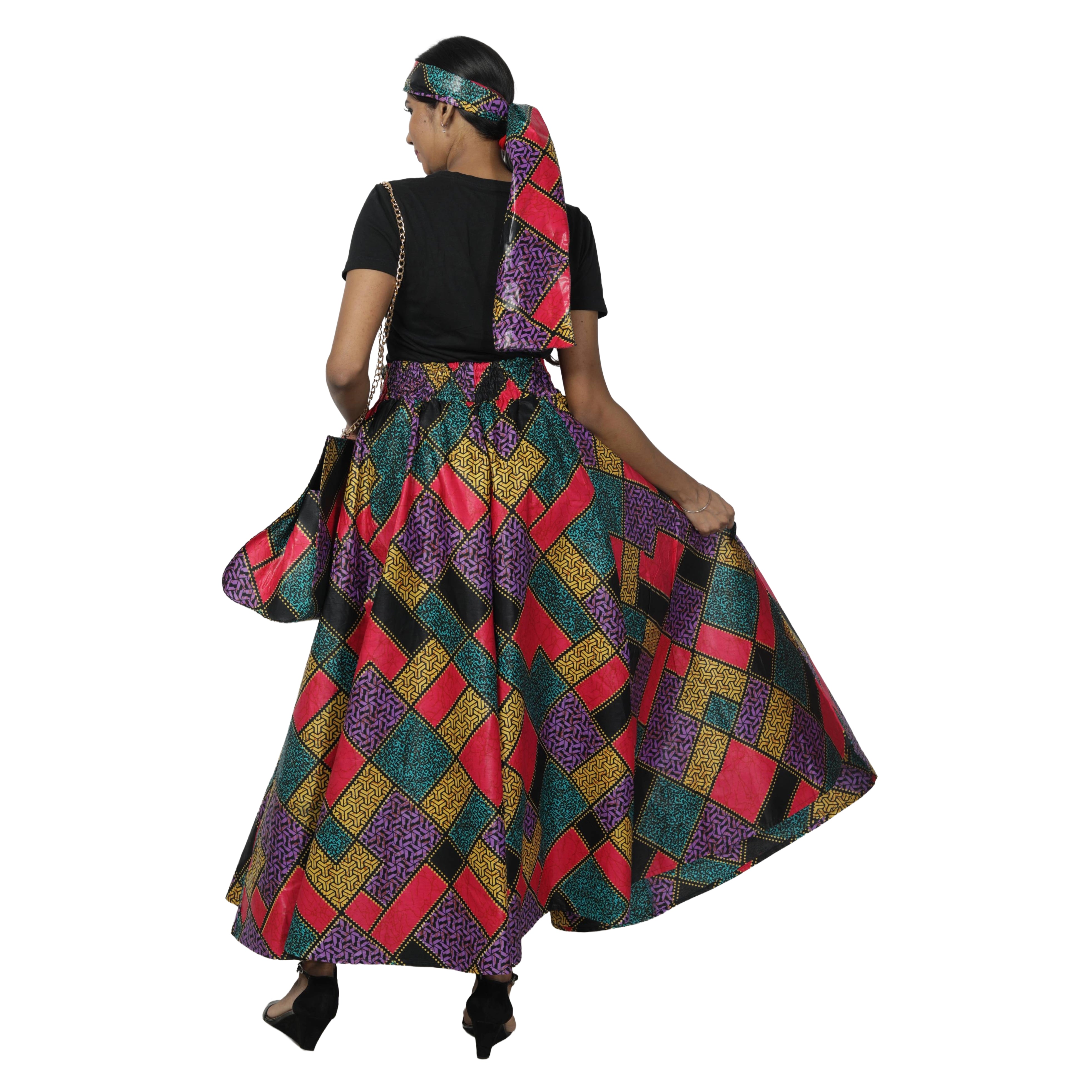 Women's Printed Tie Waist Maxi Skirt with Handbag - FI-32P