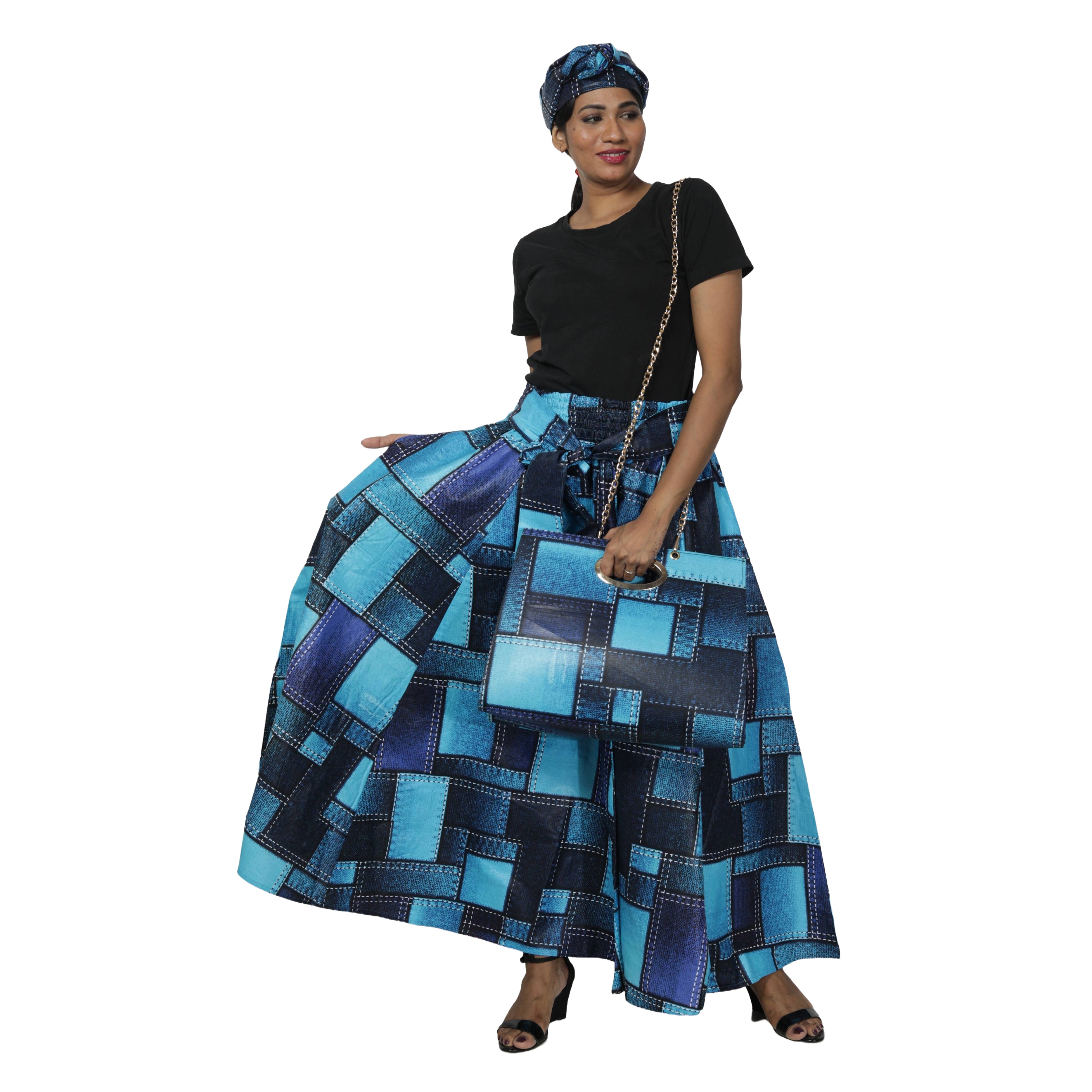 Women's Printed Tie Waist Maxi Skirt with Handbag - FI-32P