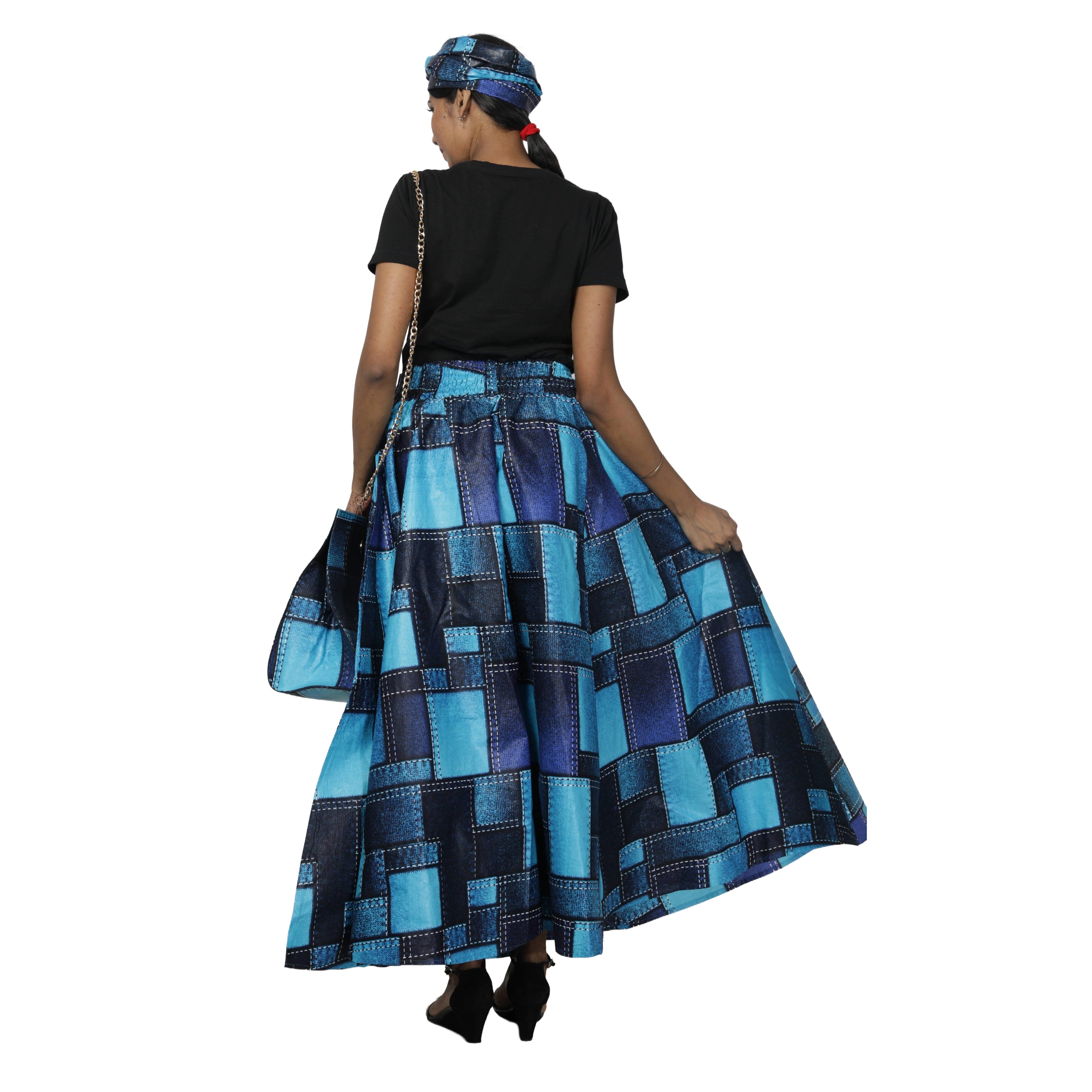 Women's Printed Tie Waist Maxi Skirt with Handbag - FI-32P