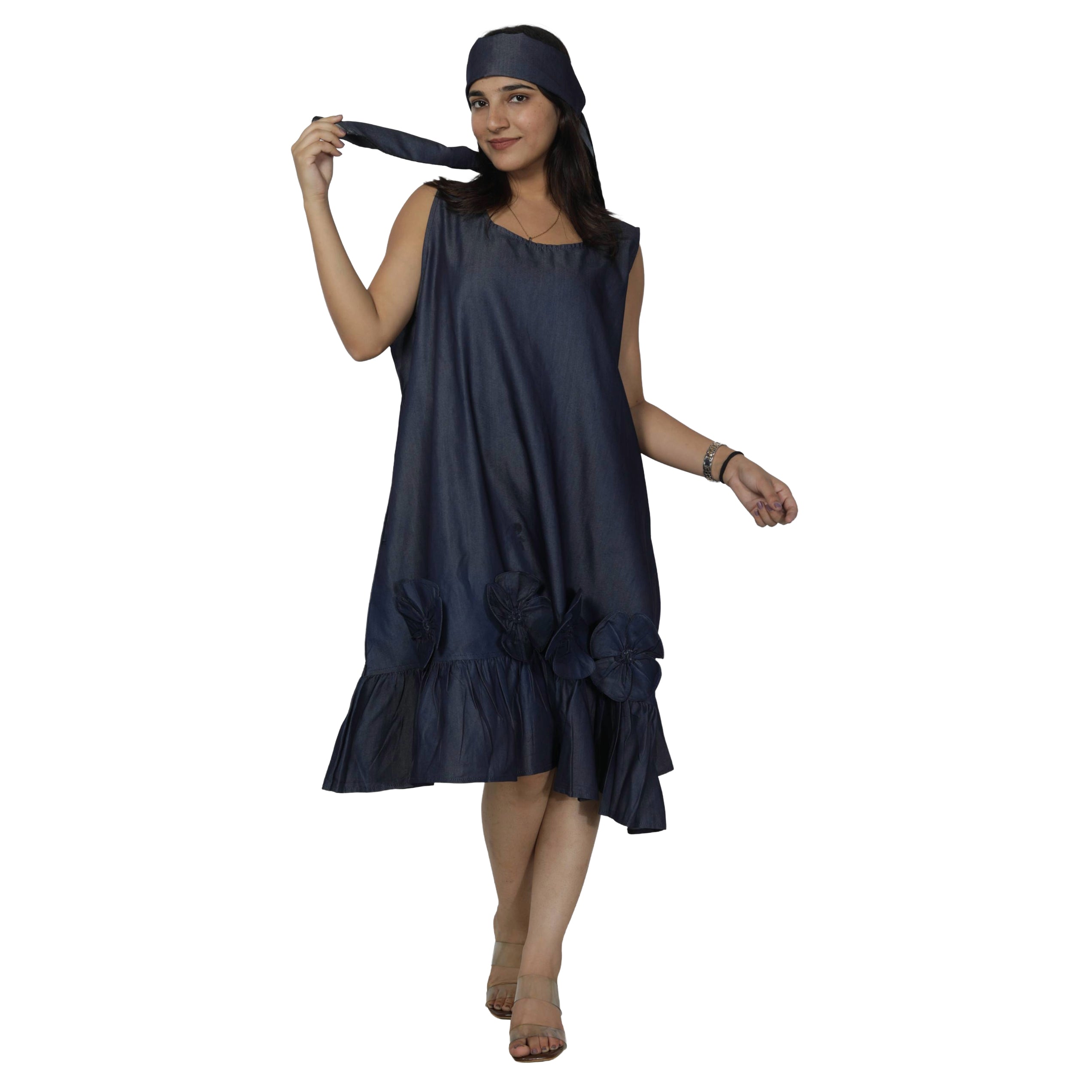 Women's Denim Dress with Flower Applique -- FI-D2074