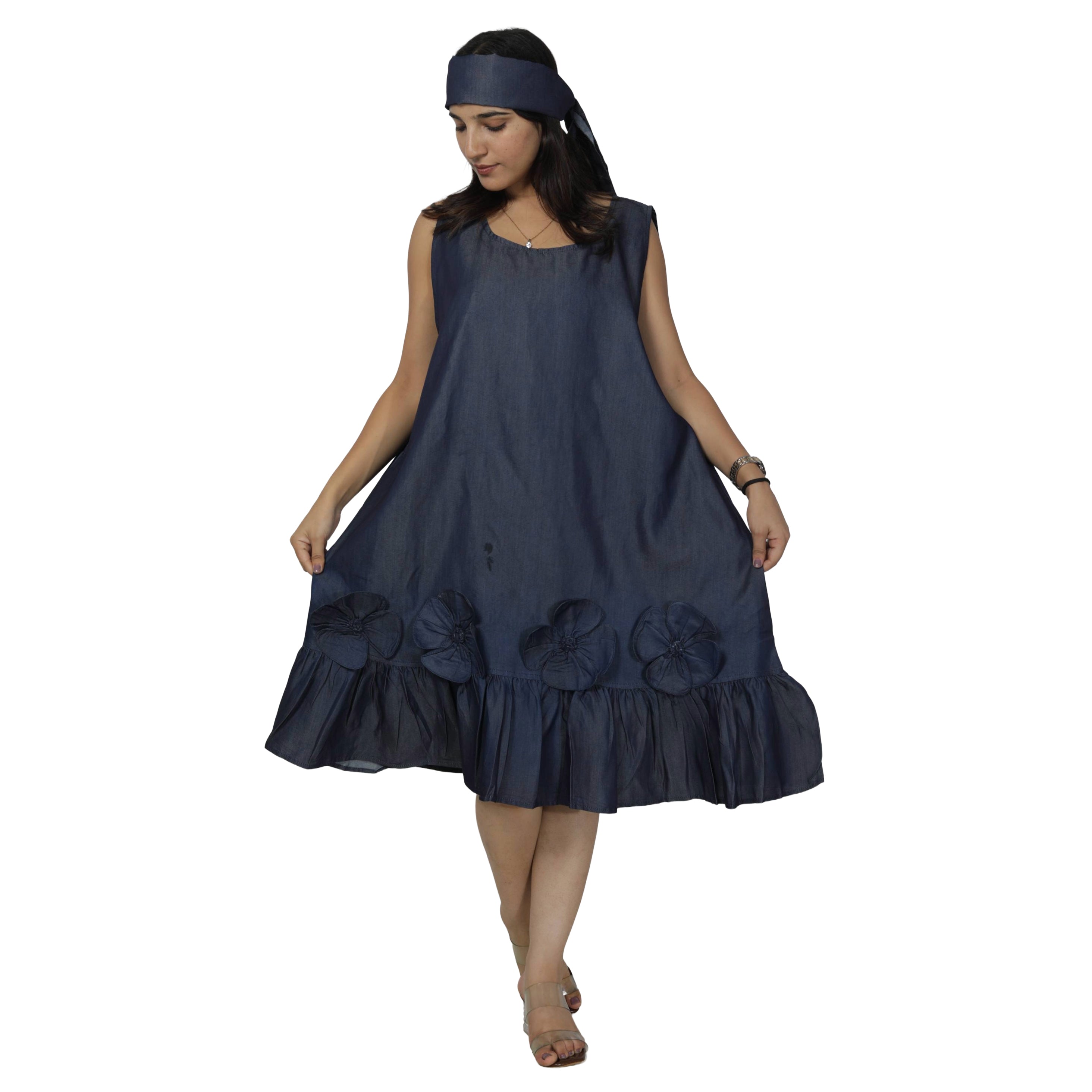 Women's Denim Dress with Flower Applique -- FI-D2074