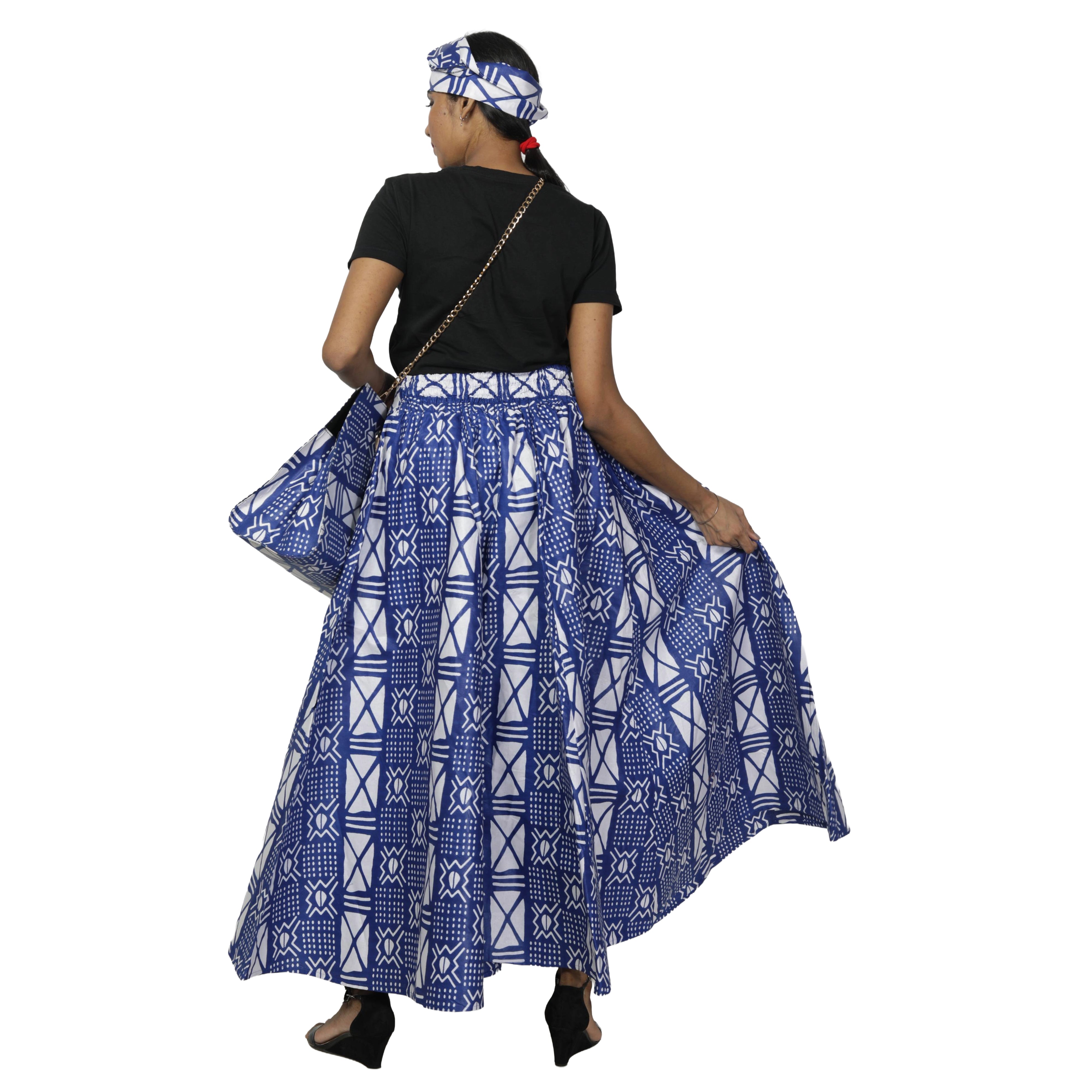 Women's Printed Tie Waist Maxi Skirt with Handbag - FI-32P
