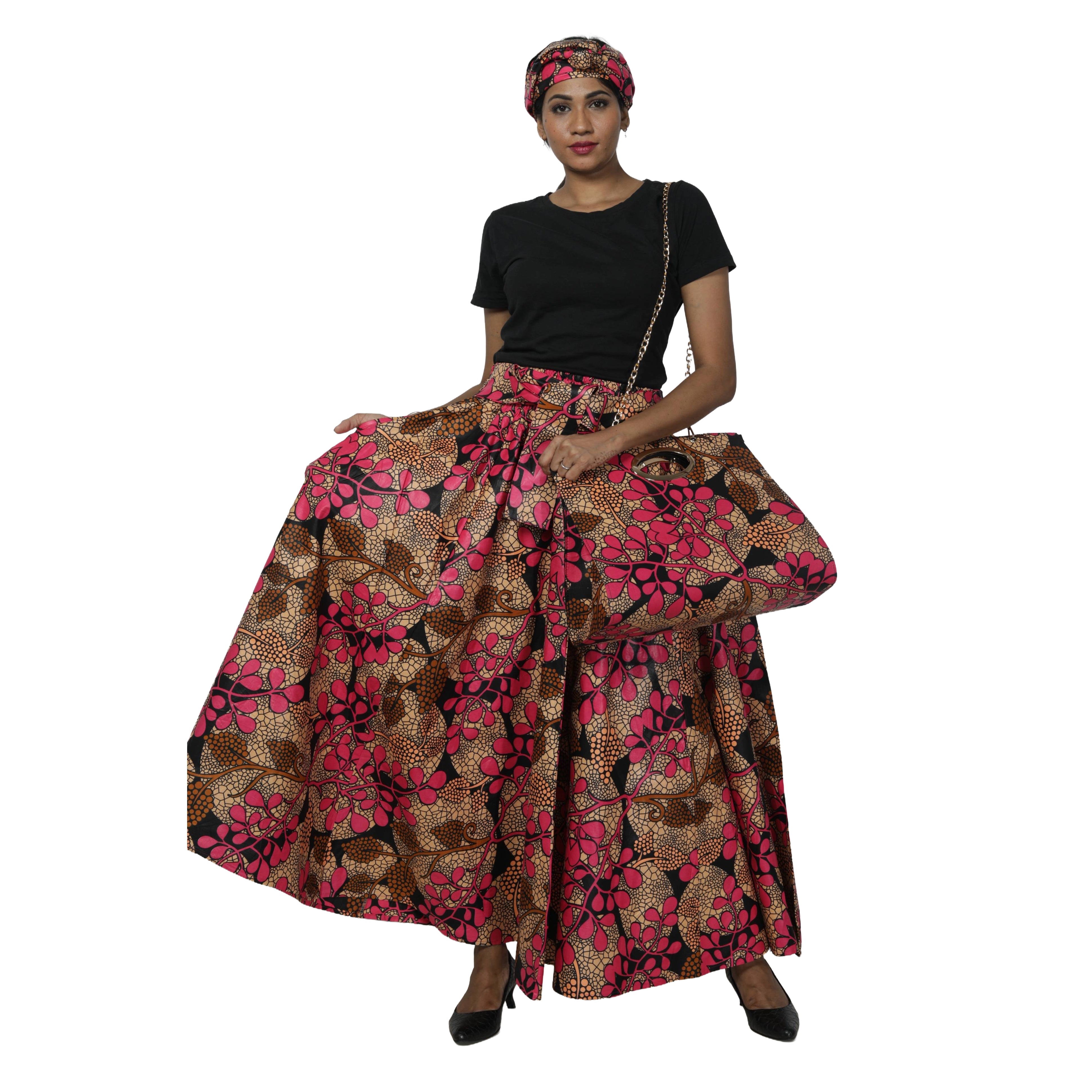 Women's Printed Tie Waist Maxi Skirt with Handbag - FI-32P