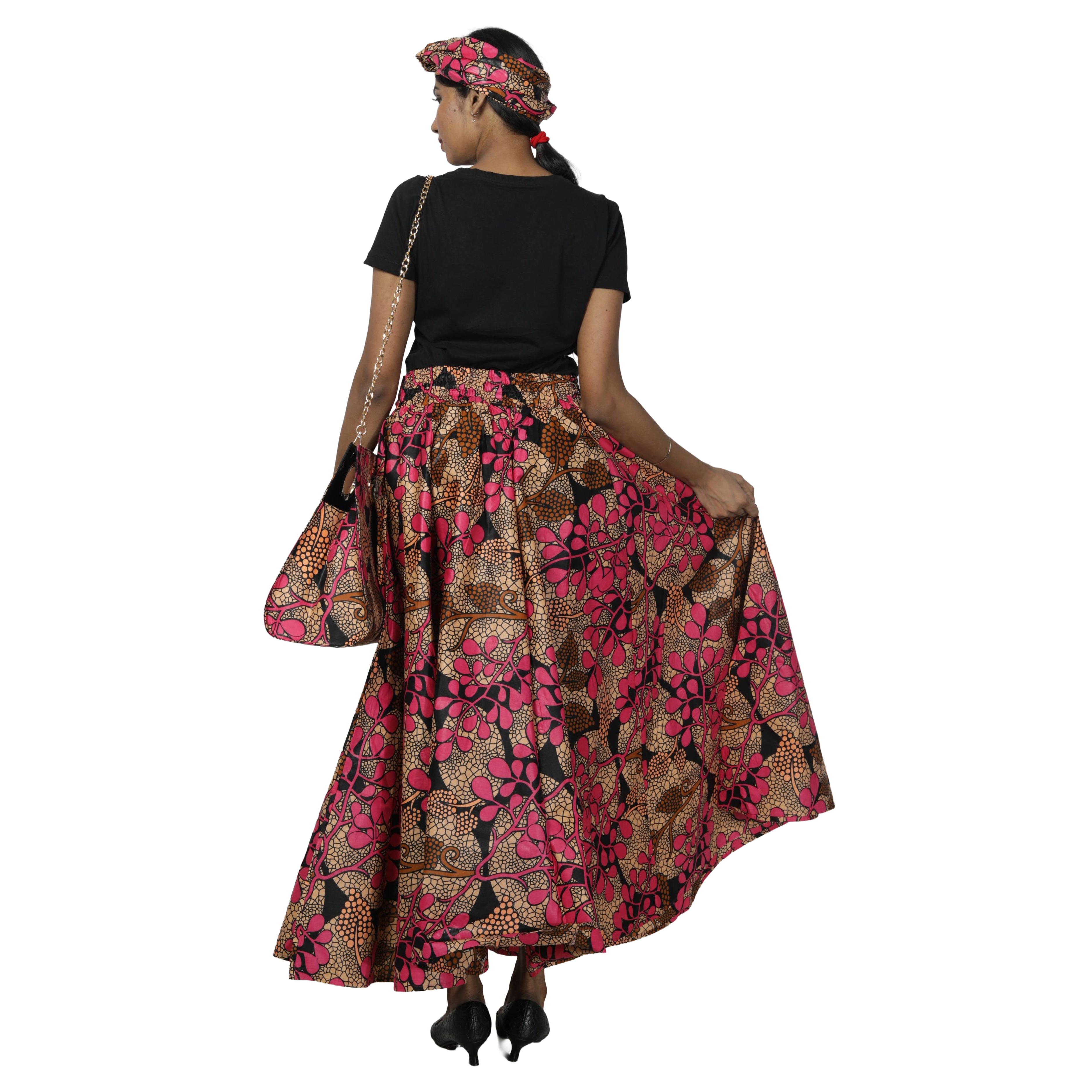 Women's Printed Tie Waist Maxi Skirt with Handbag - FI-32P