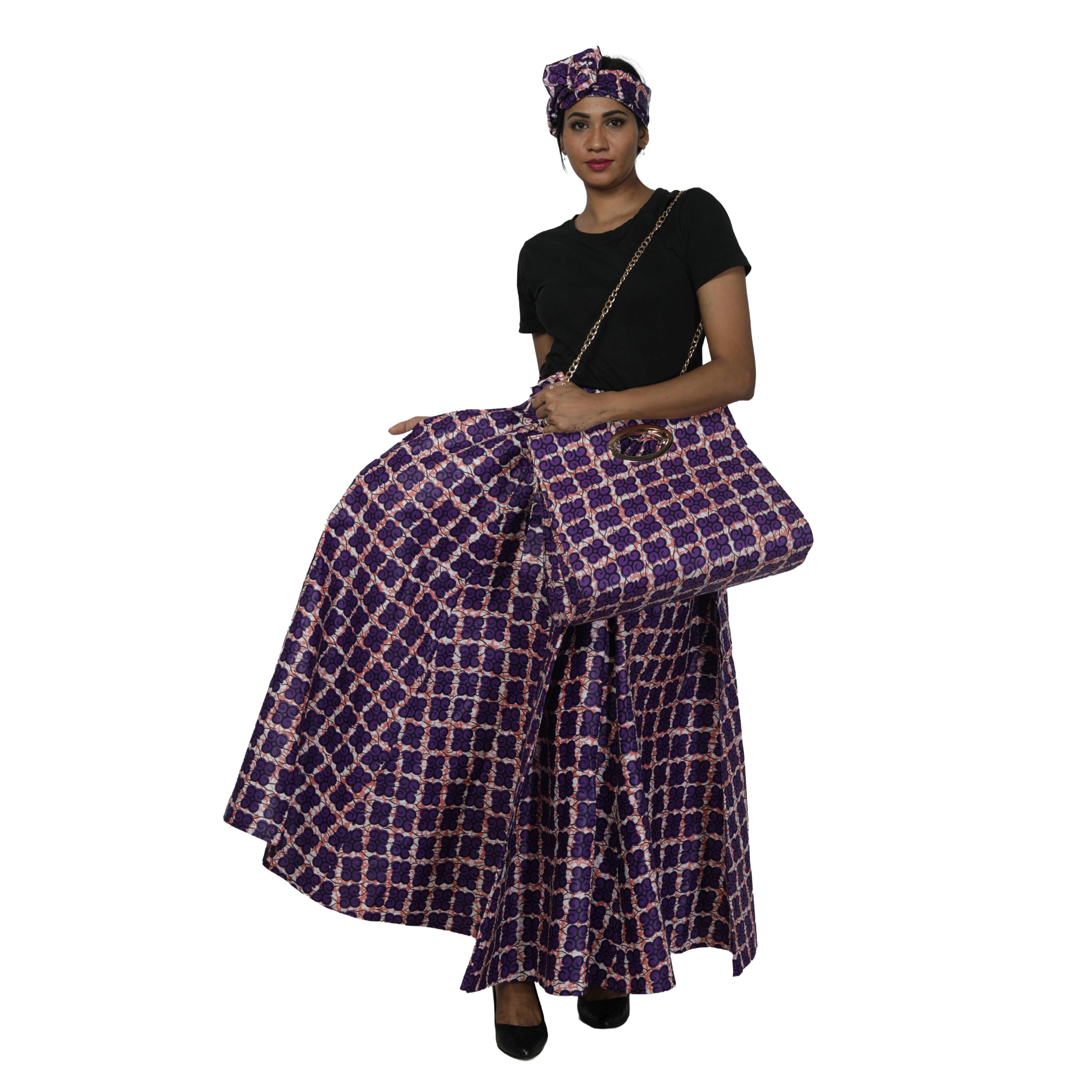 Women's Printed Tie Waist Maxi Skirt with Handbag - FI-32P